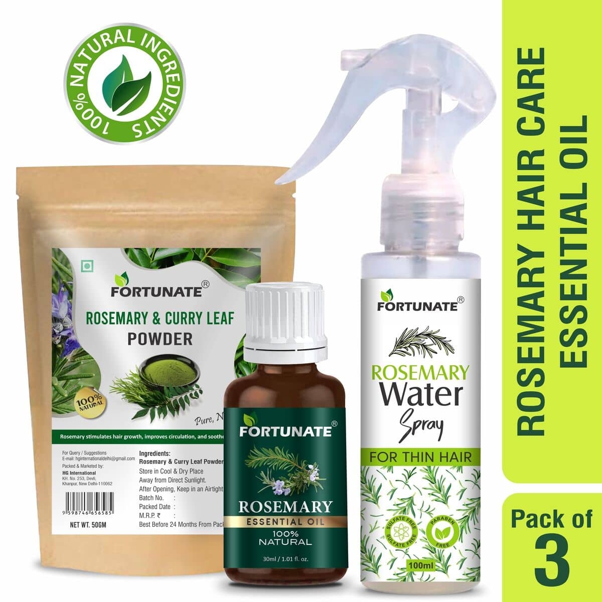 Fortunate Rosemary Oil, Rosemary Water Spray, Rosemary & Curry Leaf Powder - Hair Sprays 180 mL