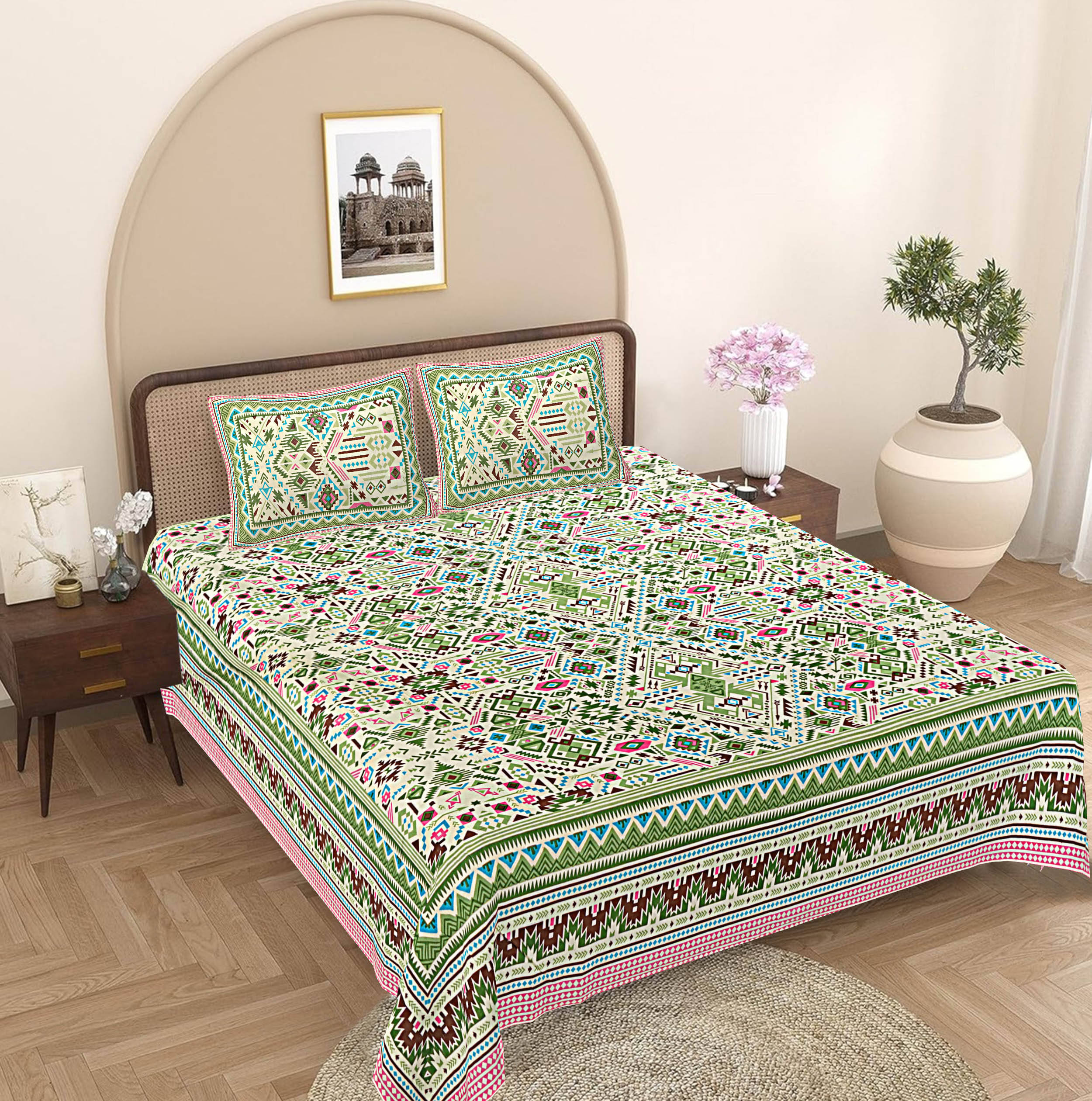     			FrionKandy Living Cotton 1 Double Bedsheet with 2 Pillow Covers ( Green )