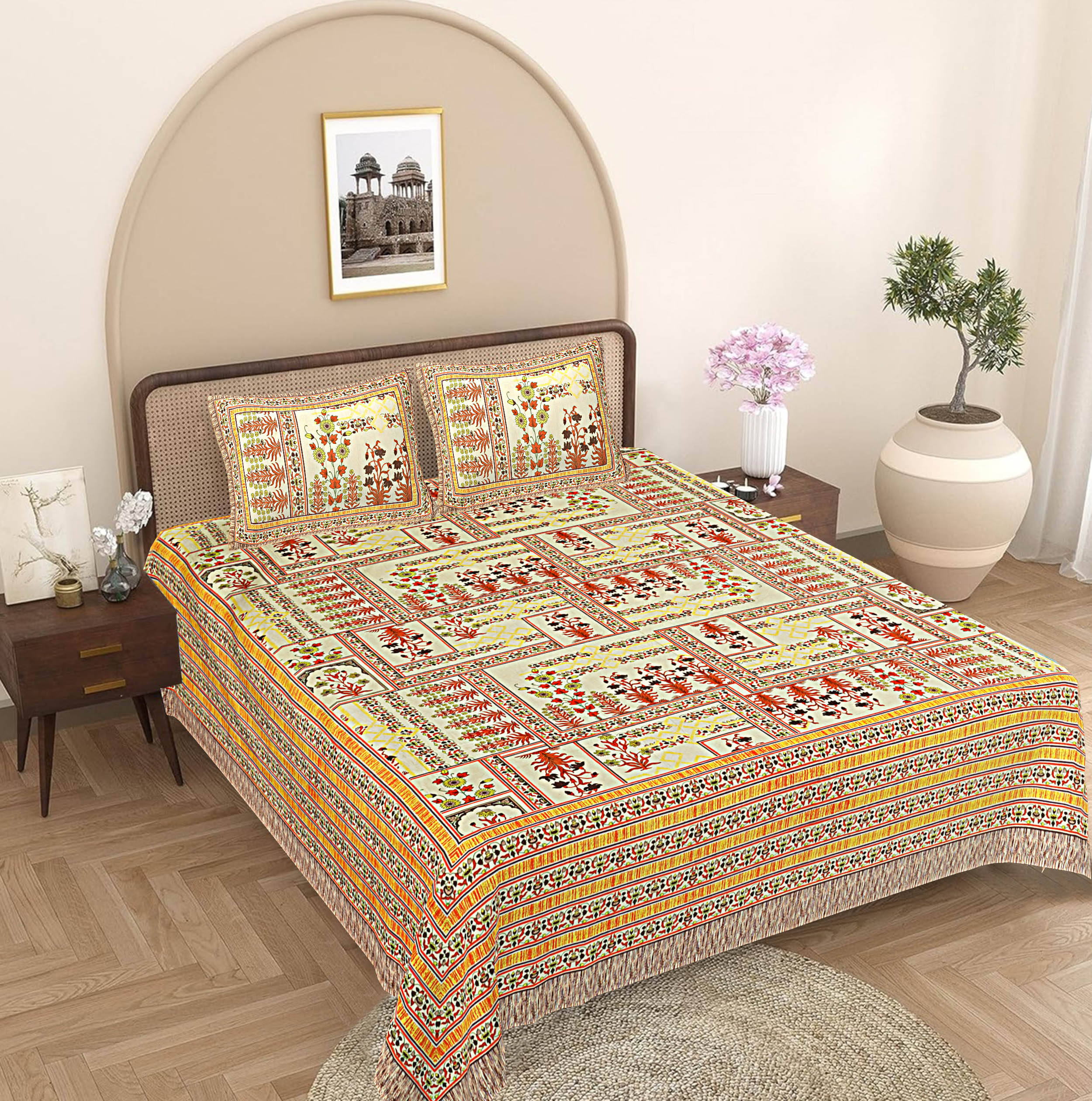 FrionKandy Living Cotton 1 Double Bedsheet with 2 Pillow Covers ( Yellow ) FrionKandy Living Cotton 1 Double Bedsheet with 2 Pillow Covers ( Yellow )