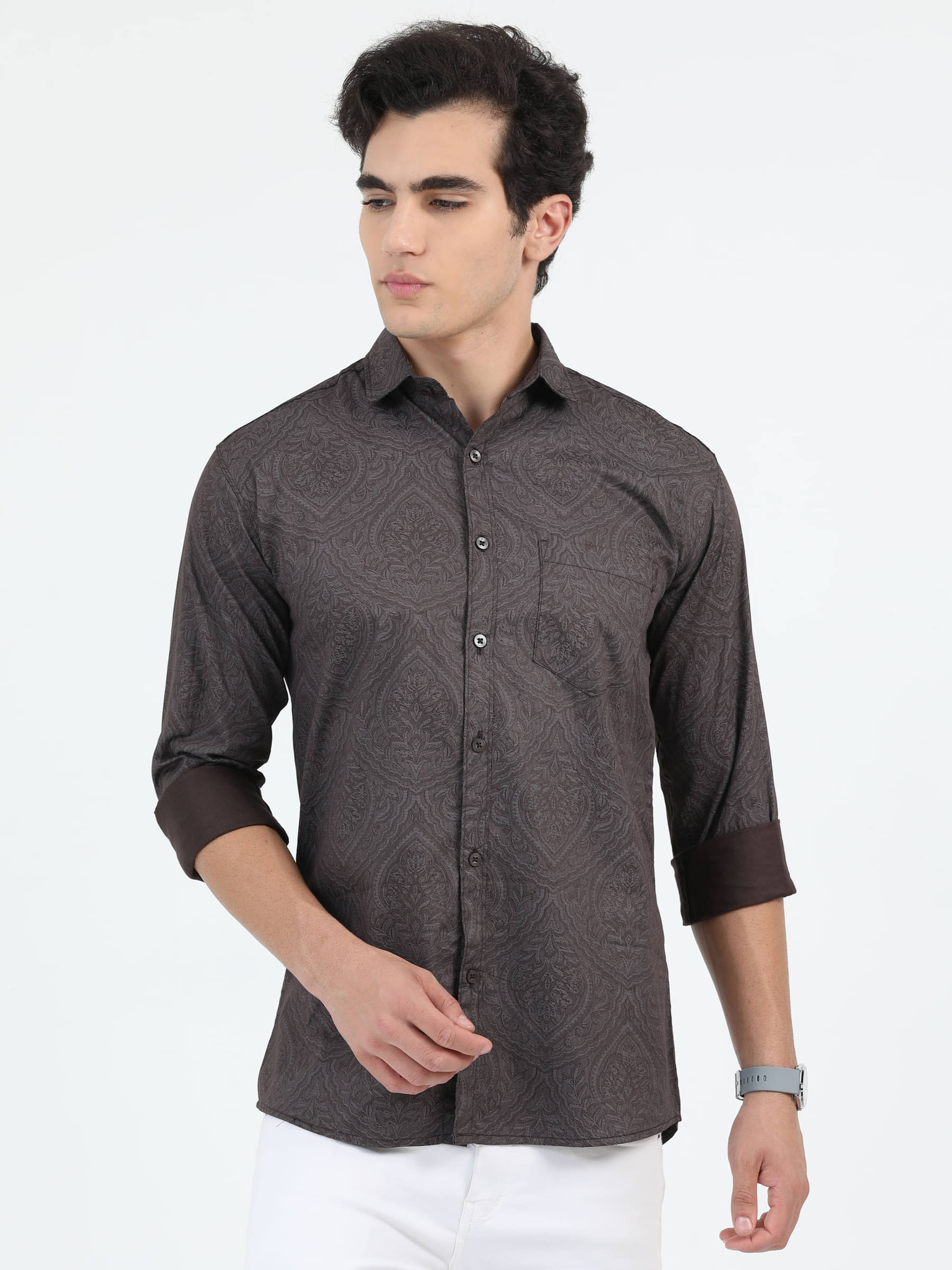 HETIERS Satin Regular Fit Printed Full Sleeves Men's Casual Shirt - Brown ( Pack of 1 ) HETIERS Satin Regular Fit Printed Full Sleeves Men's Casual Shirt - Brown ( Pack of 1 )