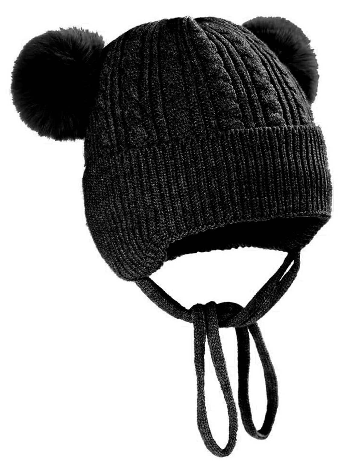 INFISPACE Baby's Super Warm Winter Woolen Skull Beanie Cap with Fur Inside| Double Pompom Baby Hat (Age: 6 Months to 3 Years) BlackColor