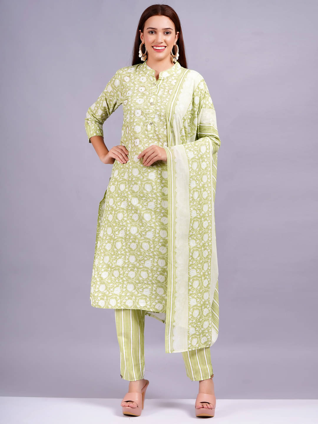 JC4U Cotton Embellished Kurti With Pants Women's Stitched Salwar Suit - Green ( Pack of 1 )     			JC4U Cotton Embellished Kurti With Pants Women's Stitched Salwar Suit - Green ( Pack of 1 )