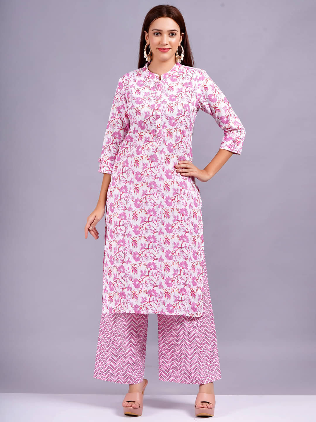     			Jyoti Cotton Printed Kurti With Palazzo Women's Stitched Salwar Suit - Pink ( Pack of 1 )