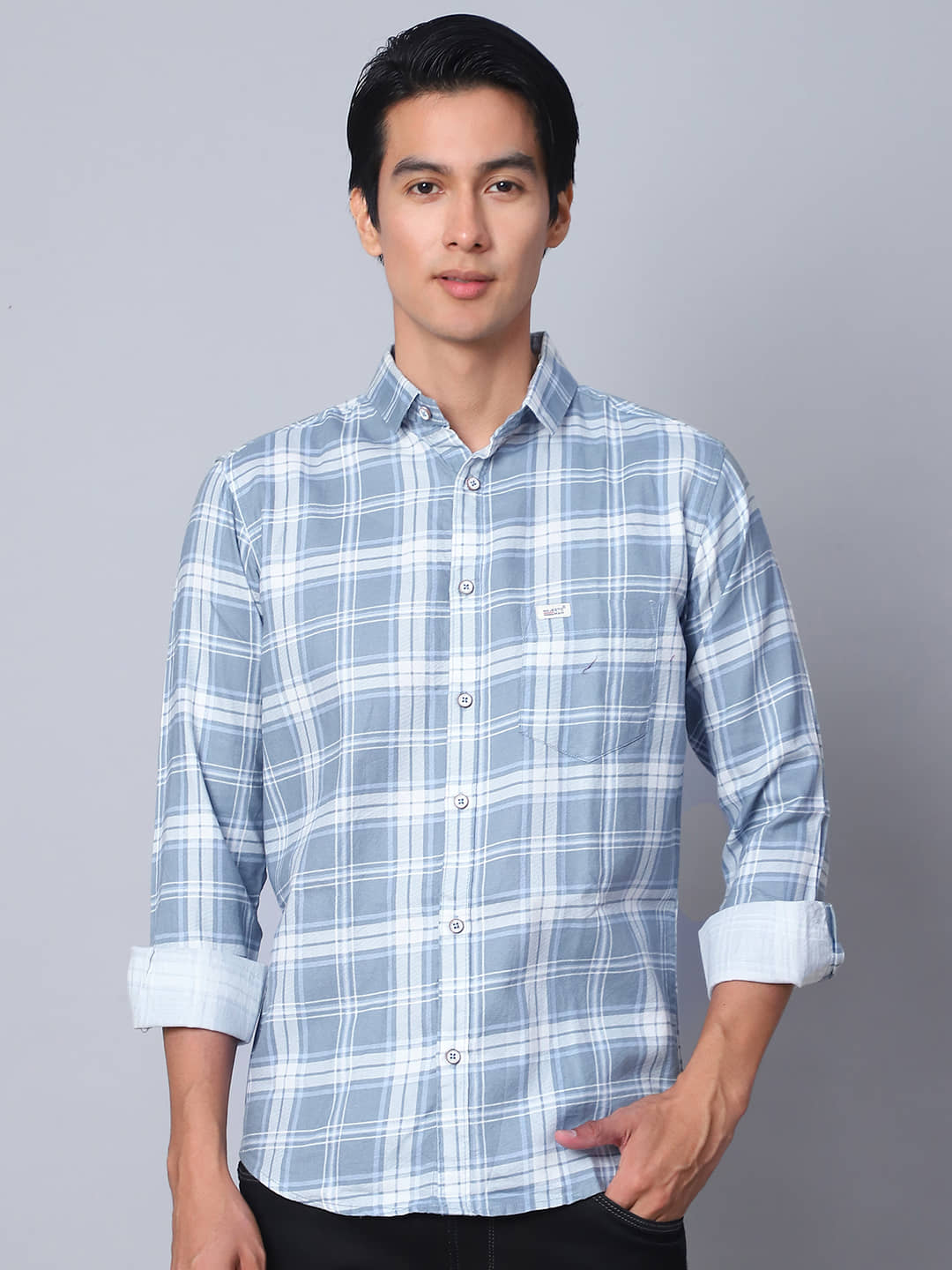 MAJESTIC MAN Cotton Blend Slim Fit Checks Full Sleeves Men's Casual Shirt - Light Grey ( Pack of 1 )
