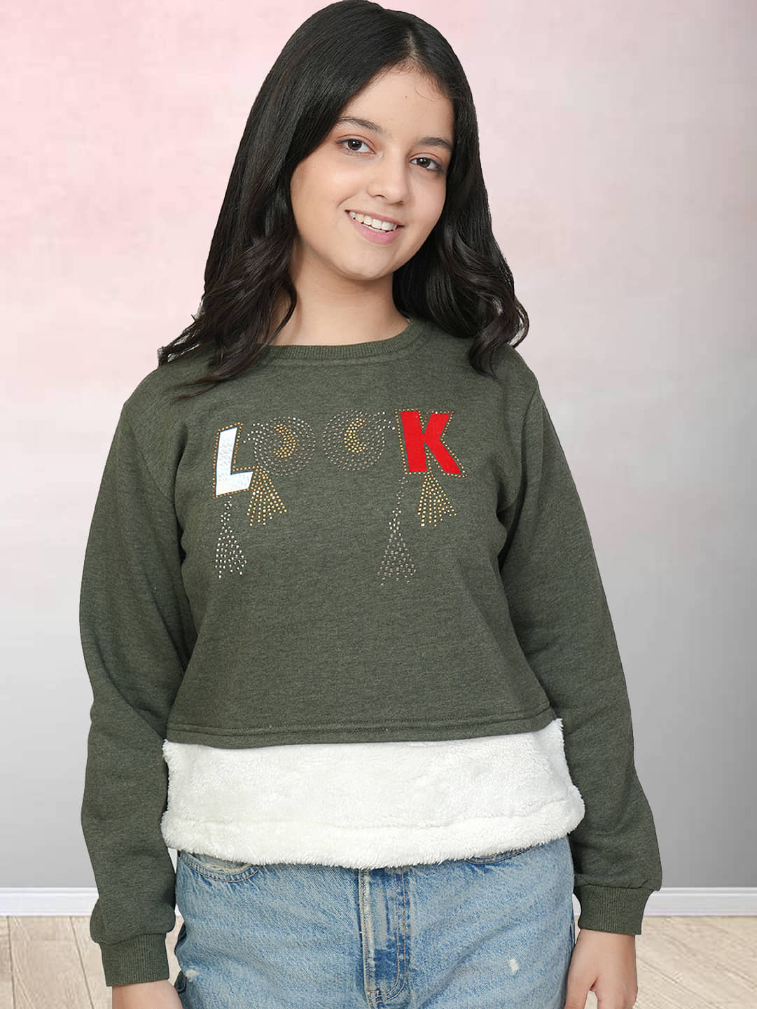 PAMPOLINA Girls Cotton Blend Sweatshirt ( Olive Green )