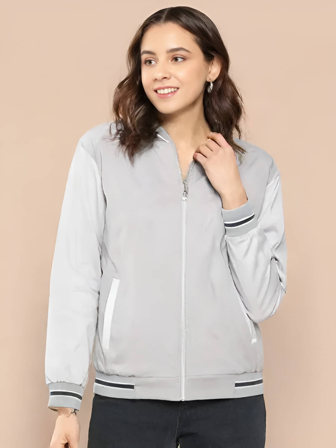 PLUS PARADISE - Polyester Grey Bomber Jackets PLUS PARADISE - Polyester Grey Bomber Jackets