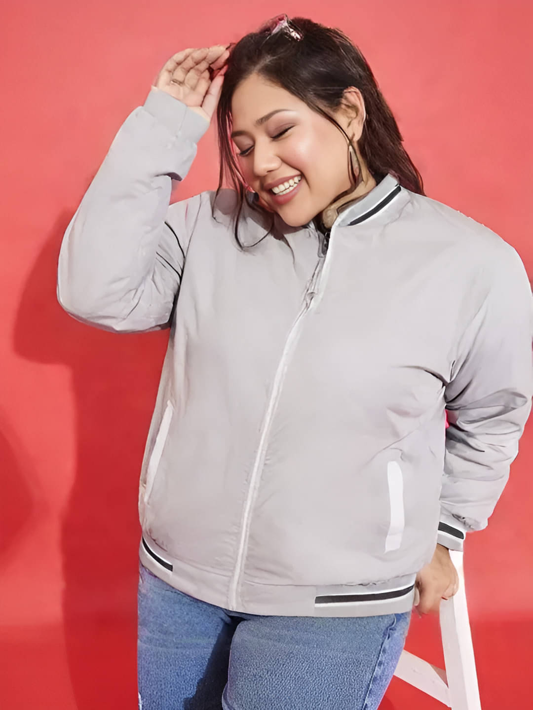 PLUS PARADISE - Polyester Grey Bomber Jackets PLUS PARADISE - Polyester Grey Bomber Jackets