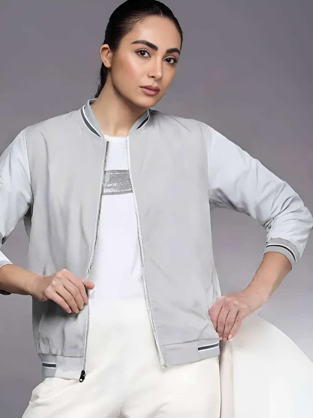     			PLUS PARADISE - Polyester Grey Bomber Jackets