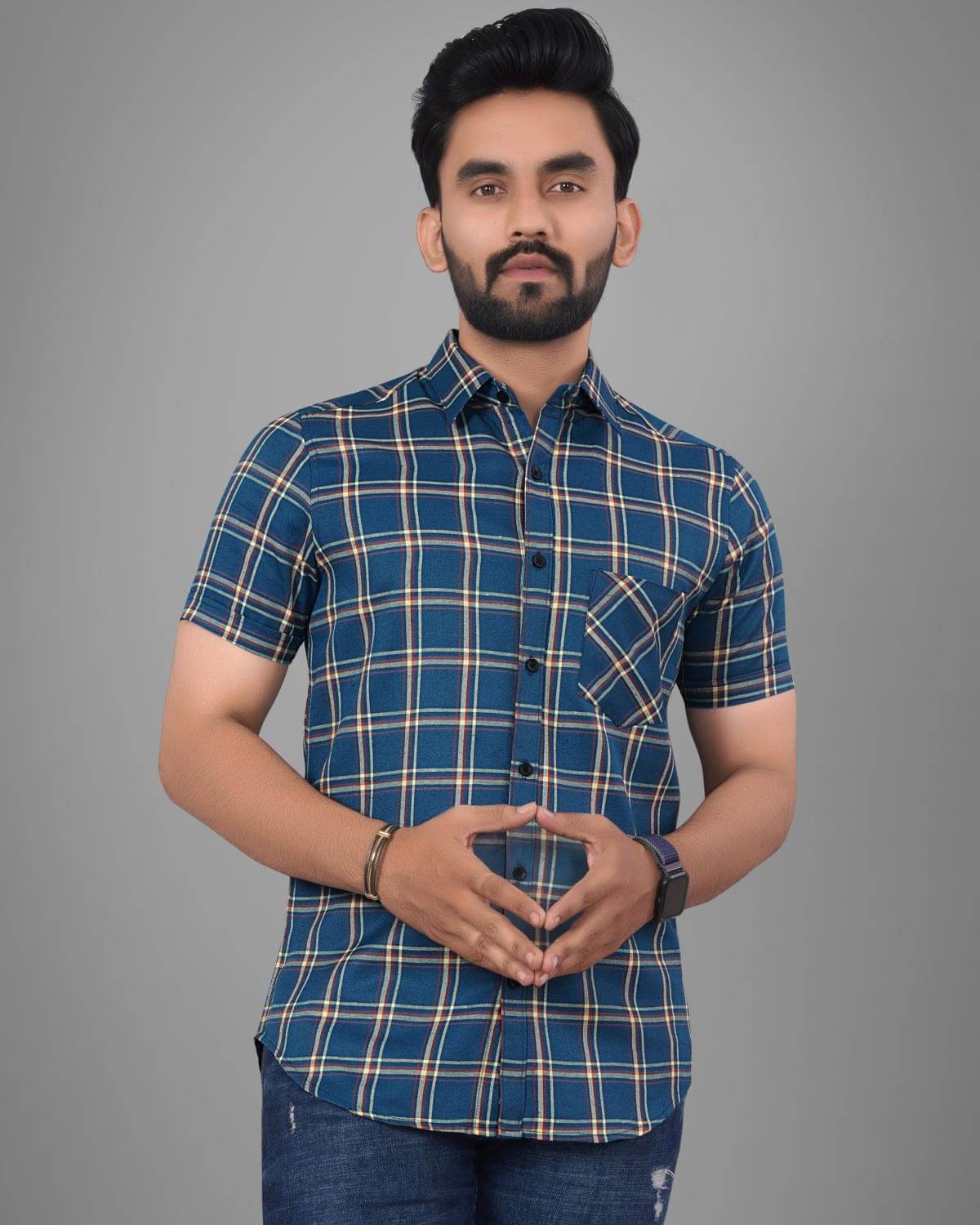     			SUR-T Cotton Blend Regular Fit Checks Half Sleeves Men's Casual Shirt - Blue ( Pack of 1 )