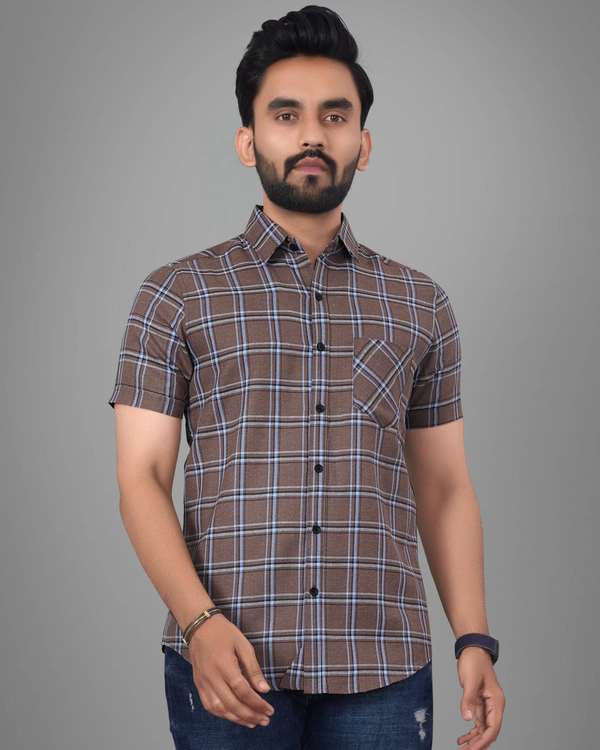     			SUR-T Cotton Blend Regular Fit Checks Half Sleeves Men's Casual Shirt - Khaki ( Pack of 1 )
