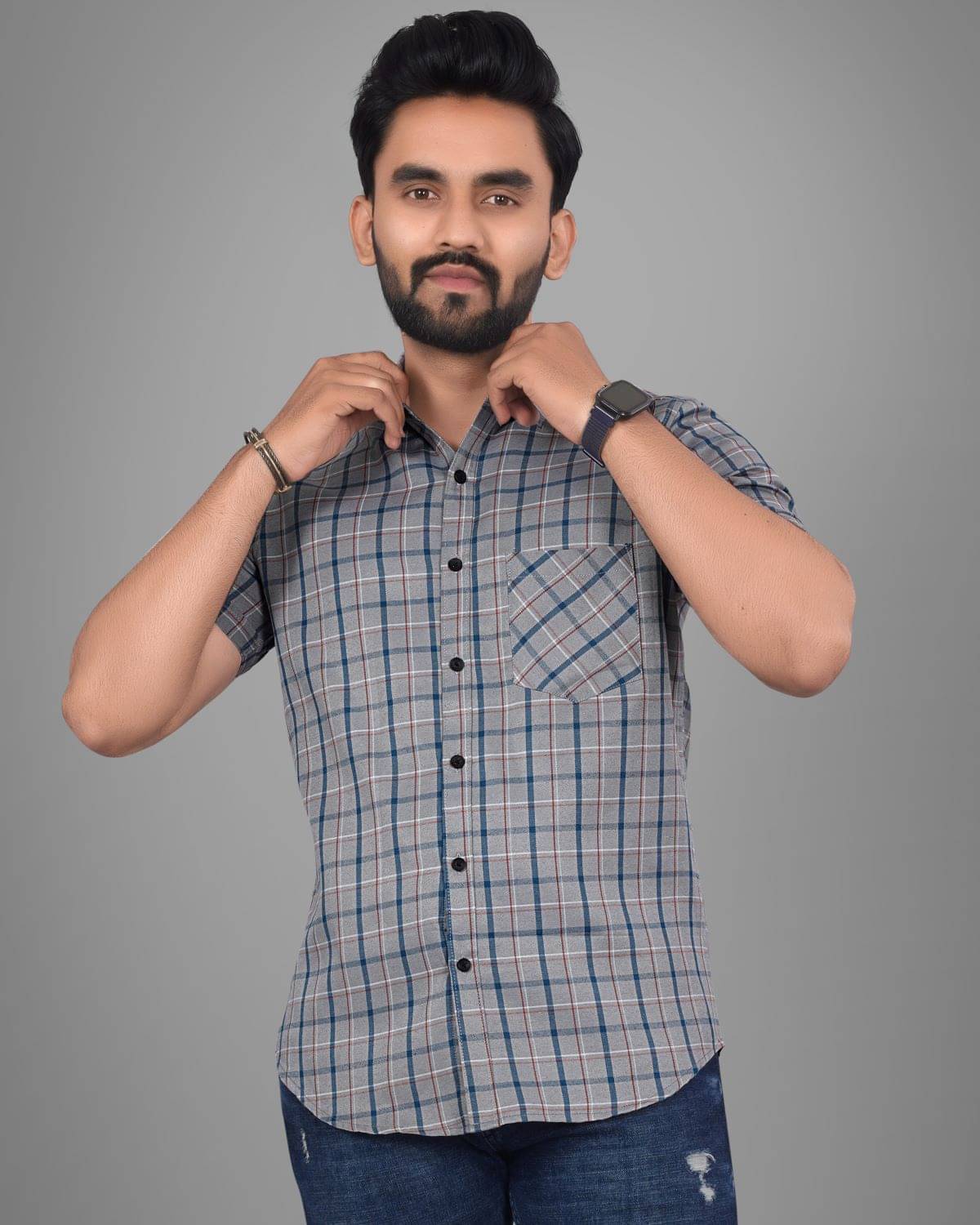 SUR-T Cotton Blend Regular Fit Checks Half Sleeves Men's Casual Shirt - Grey ( Pack of 1 ) SUR-T Cotton Blend Regular Fit Checks Half Sleeves Men's Casual Shirt - Grey ( Pack of 1 )