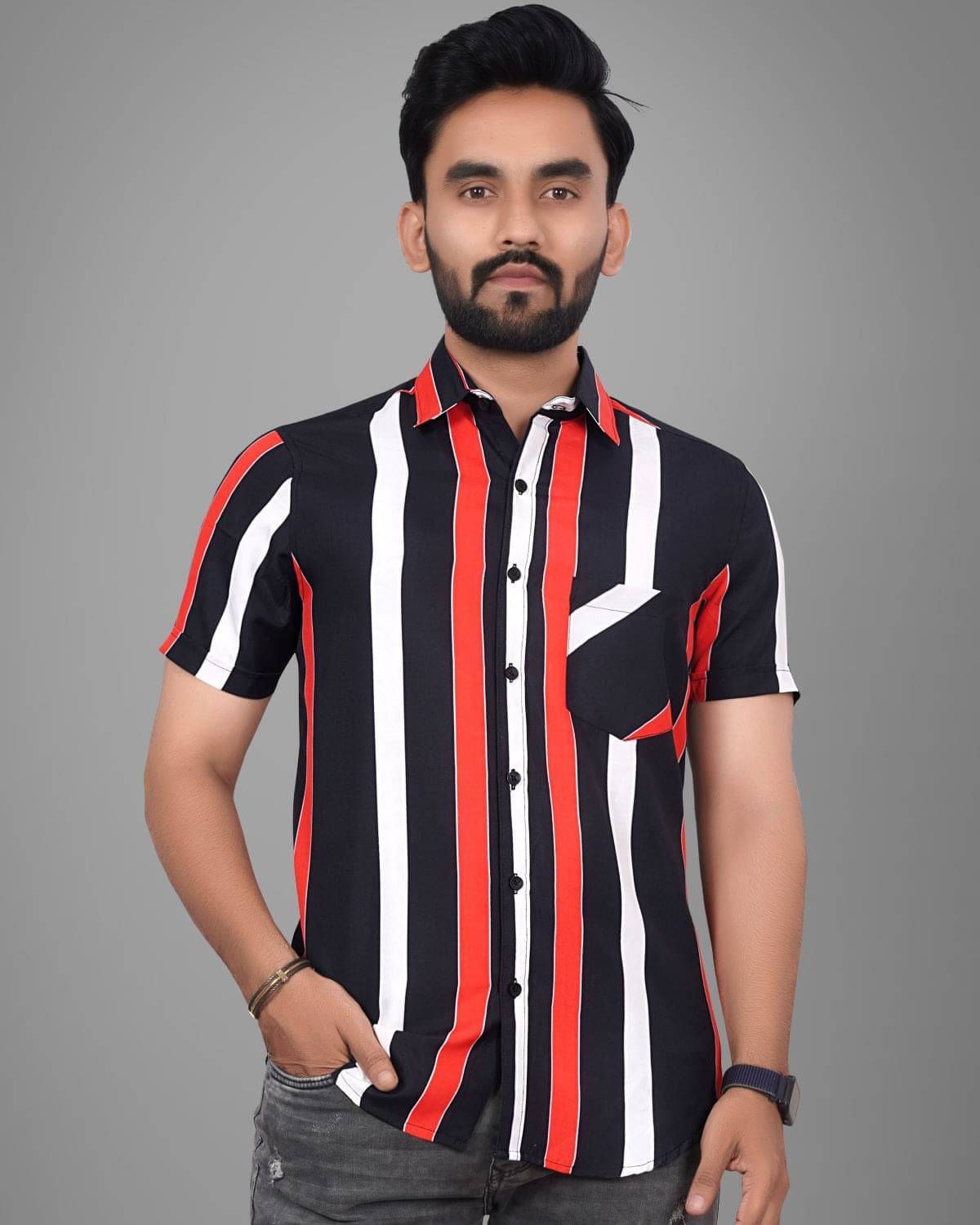SUR-T Cotton Blend Regular Fit Striped Half Sleeves Men's Casual Shirt - Black ( Pack of 1 ) SUR-T Cotton Blend Regular Fit Striped Half Sleeves Men's Casual Shirt - Black ( Pack of 1 )