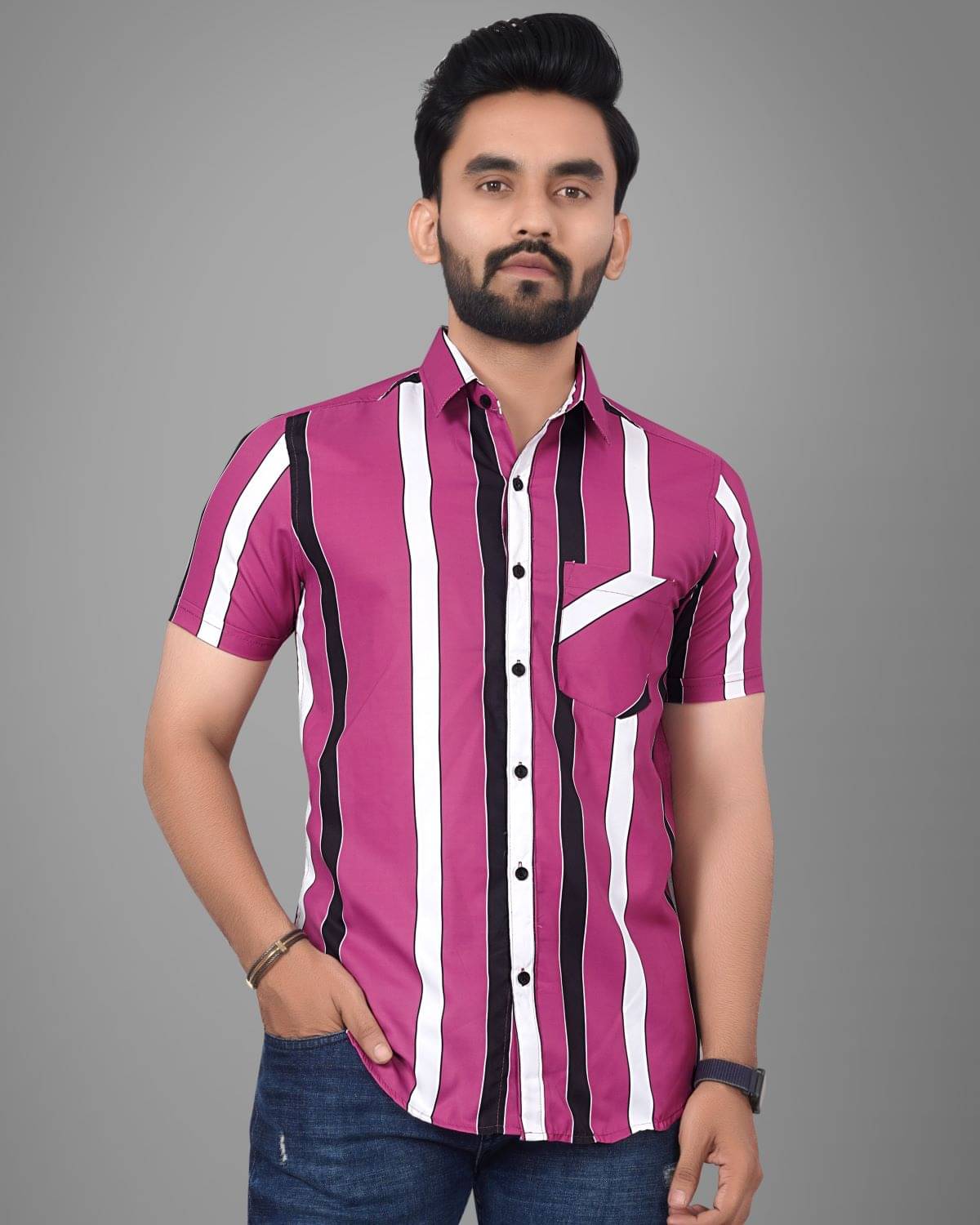 SUR-T Cotton Blend Regular Fit Striped Half Sleeves Men's Casual Shirt - Pink ( Pack of 1 ) SUR-T Cotton Blend Regular Fit Striped Half Sleeves Men's Casual Shirt - Pink ( Pack of 1 )