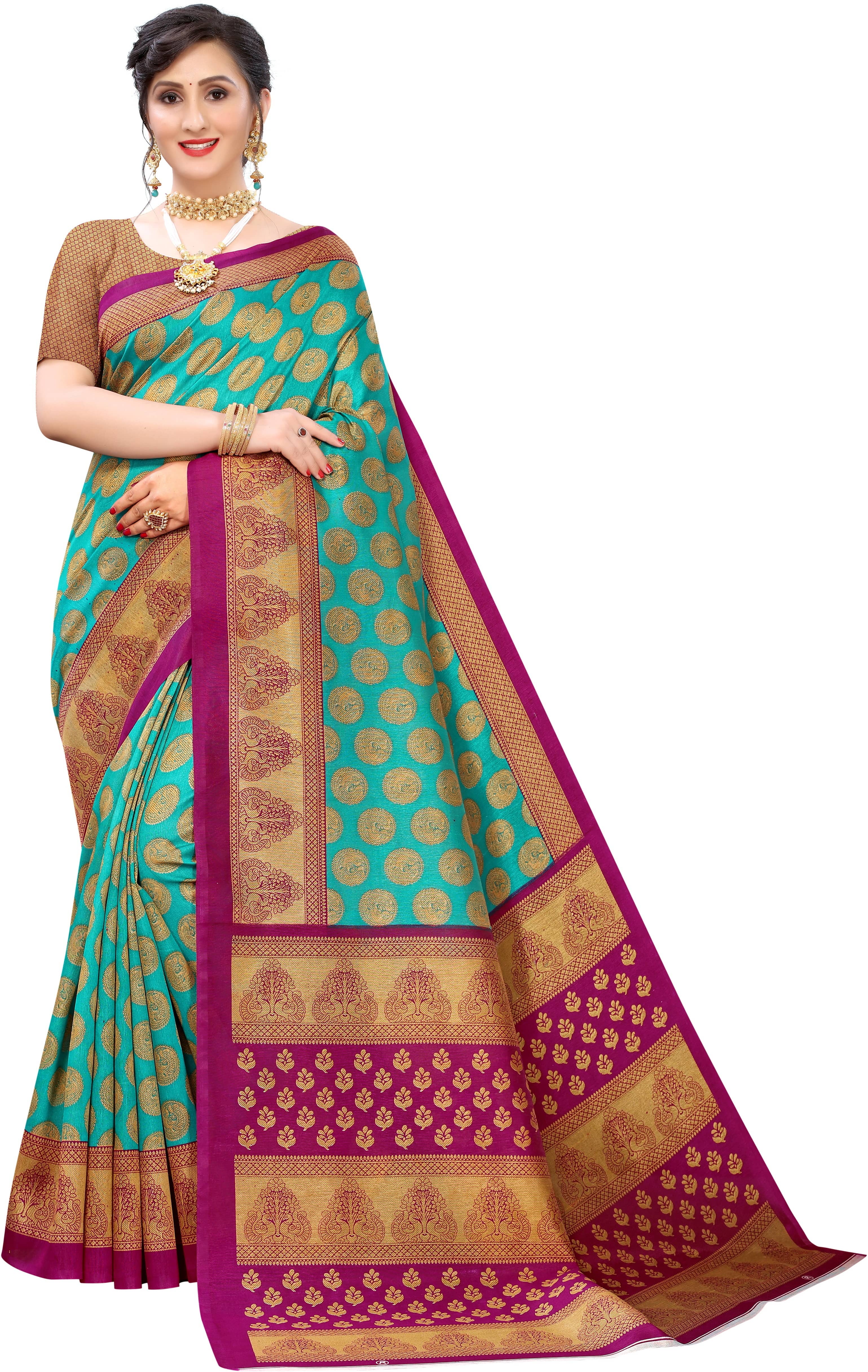 Samai Cotton Silk Printed Saree With Unstitched Blouse Piece ( Light Blue ) - Sarees | Buy online on ZillyBuy
