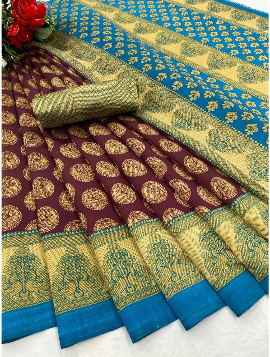 Samai Cotton Silk Printed Saree With Unstitched Blouse Piece ( Gold ) - Sarees | Buy online on ZillyBuy