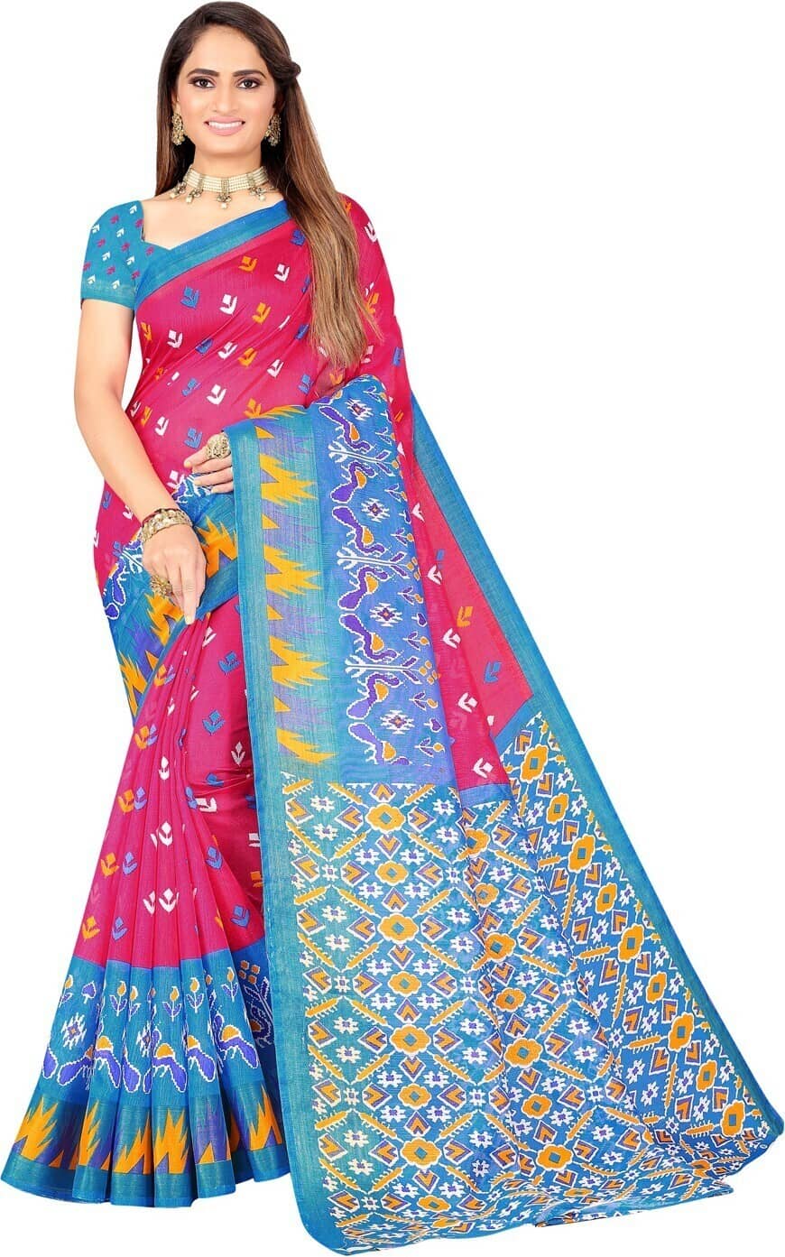 Samai Cotton Silk Printed Saree With Unstitched Blouse Piece ( Multicolor2 ) - Sarees | Buy online on ZillyBuy