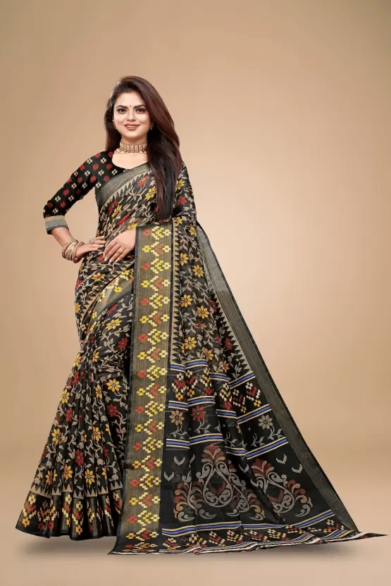 Samai Cotton Silk Printed Saree With Unstitched Blouse Piece ( Black ) Samai Cotton Silk Printed Saree With Unstitched Blouse Piece ( Black )