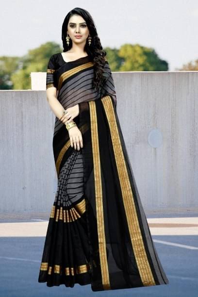     			Samai Cotton Silk Printed Saree With Unstitched Blouse Piece ( Black )