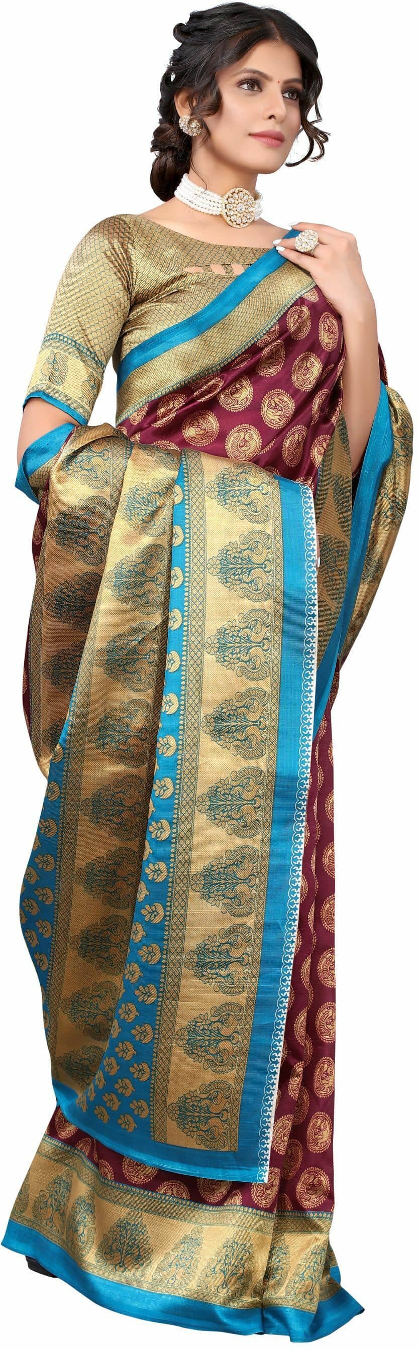 Samai Cotton Silk Printed Saree With Unstitched Blouse Piece ( Multicolor ) - Sarees | Buy online on ZillyBuy