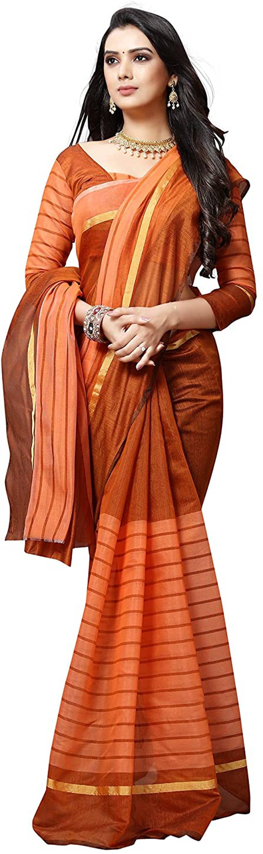     			Samai Cotton Silk Striped Saree With Unstitched Blouse Piece ( Orange )