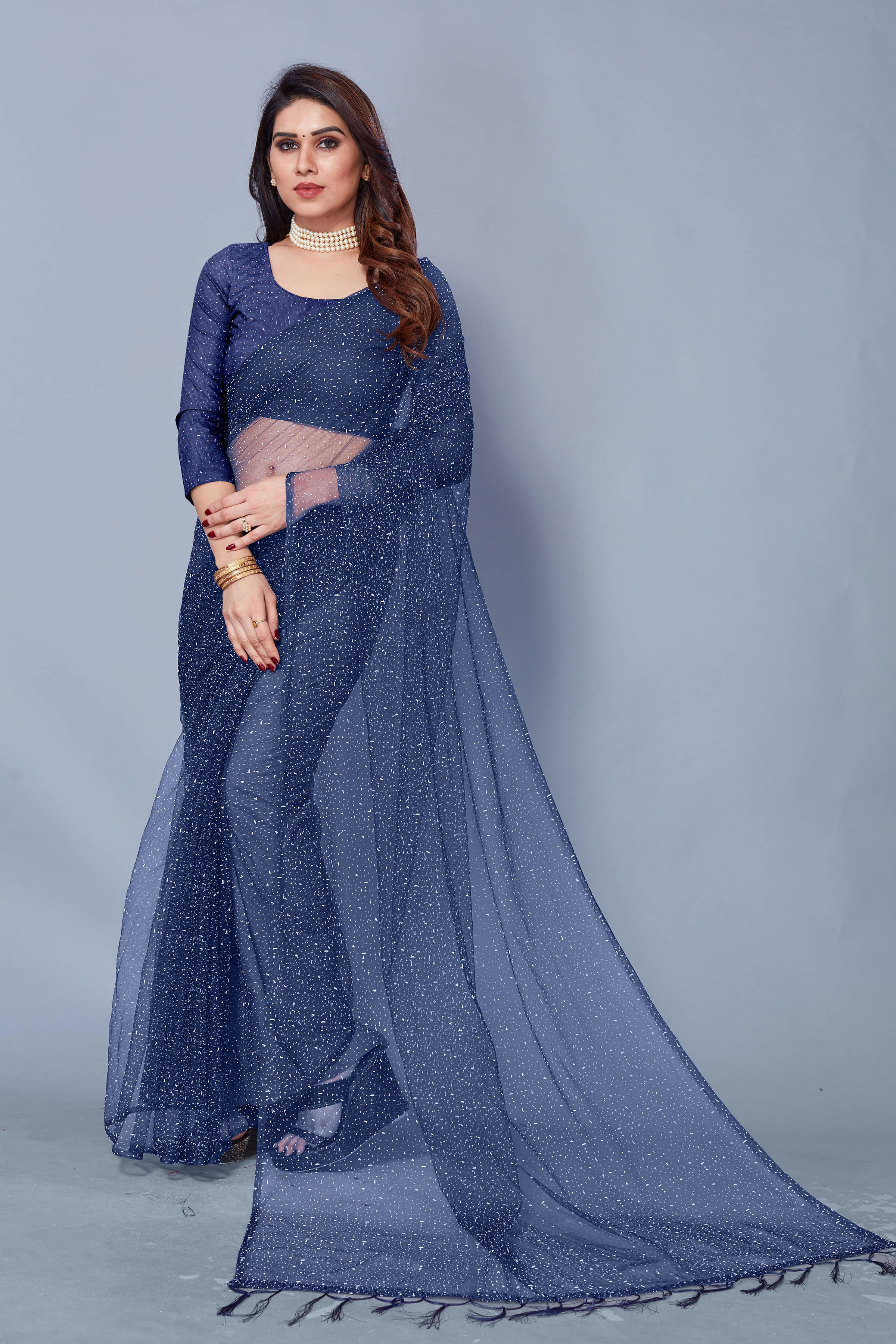 Samai Net Embellished Saree With Unstitched Blouse Piece ( Light Blue ) Samai Net Embellished Saree With Unstitched Blouse Piece ( Light Blue )