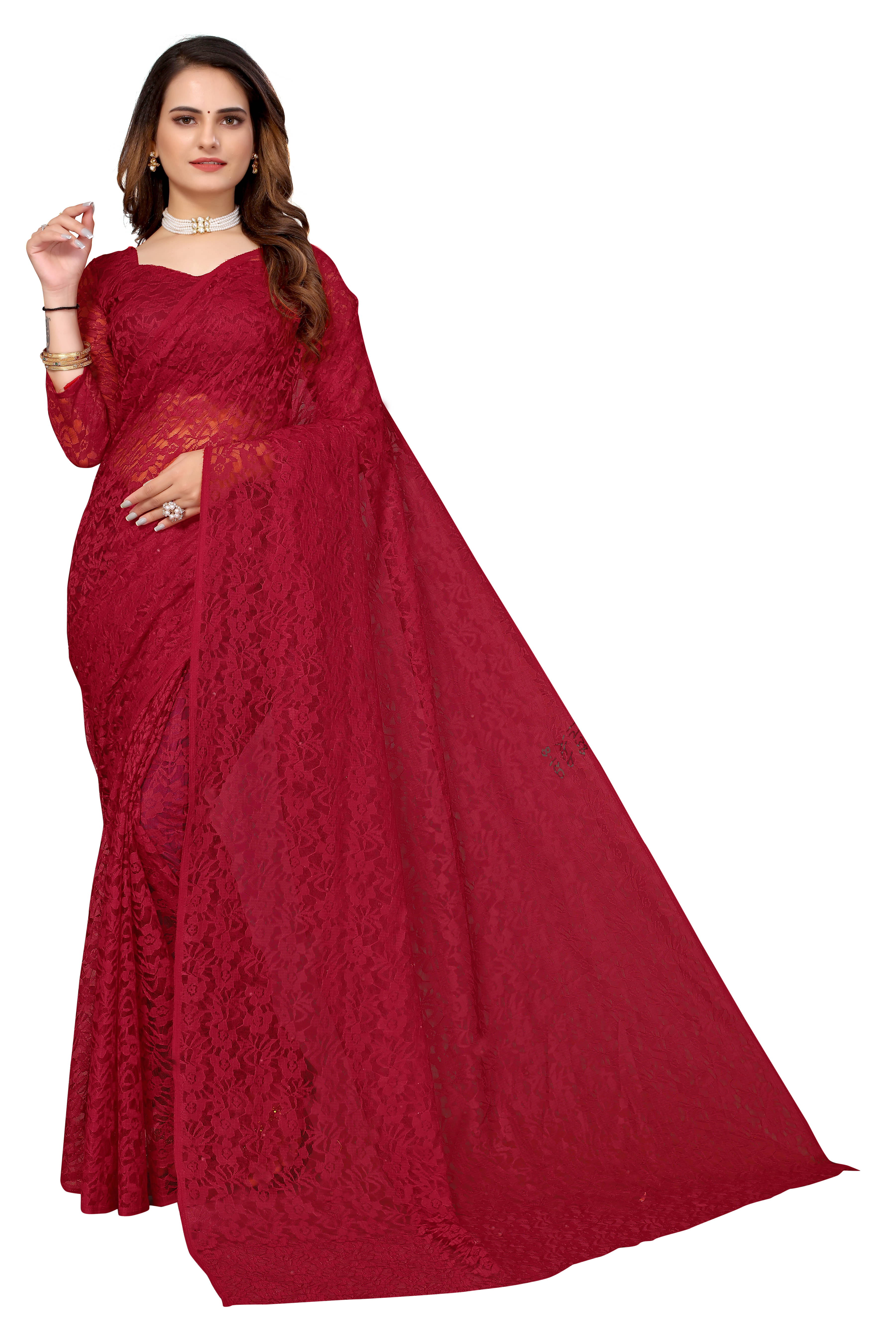     			Samai Net Self Design Saree With Unstitched Blouse Piece ( Maroon )