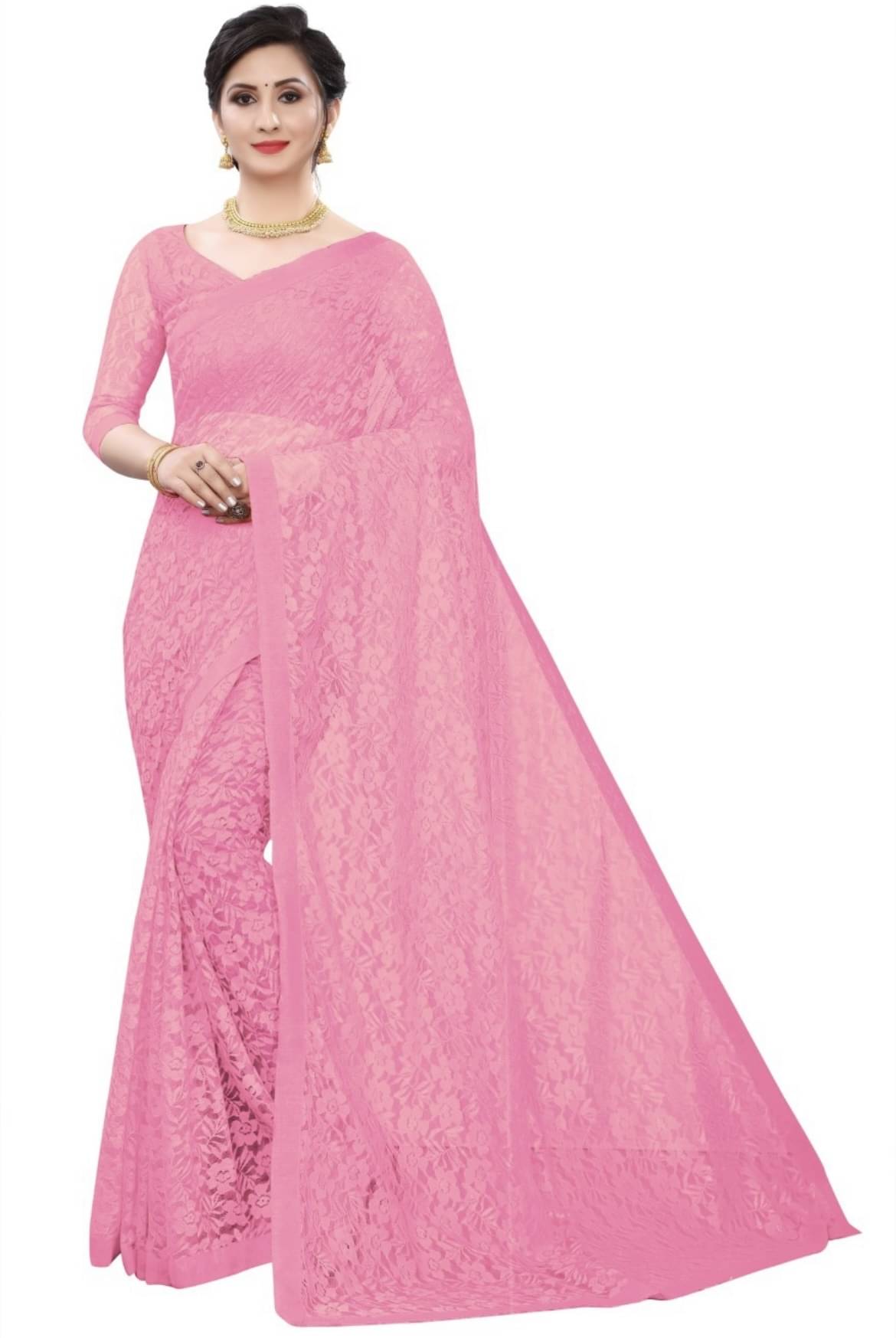     			Samai Net Self Design Saree With Unstitched Blouse Piece ( Pink )
