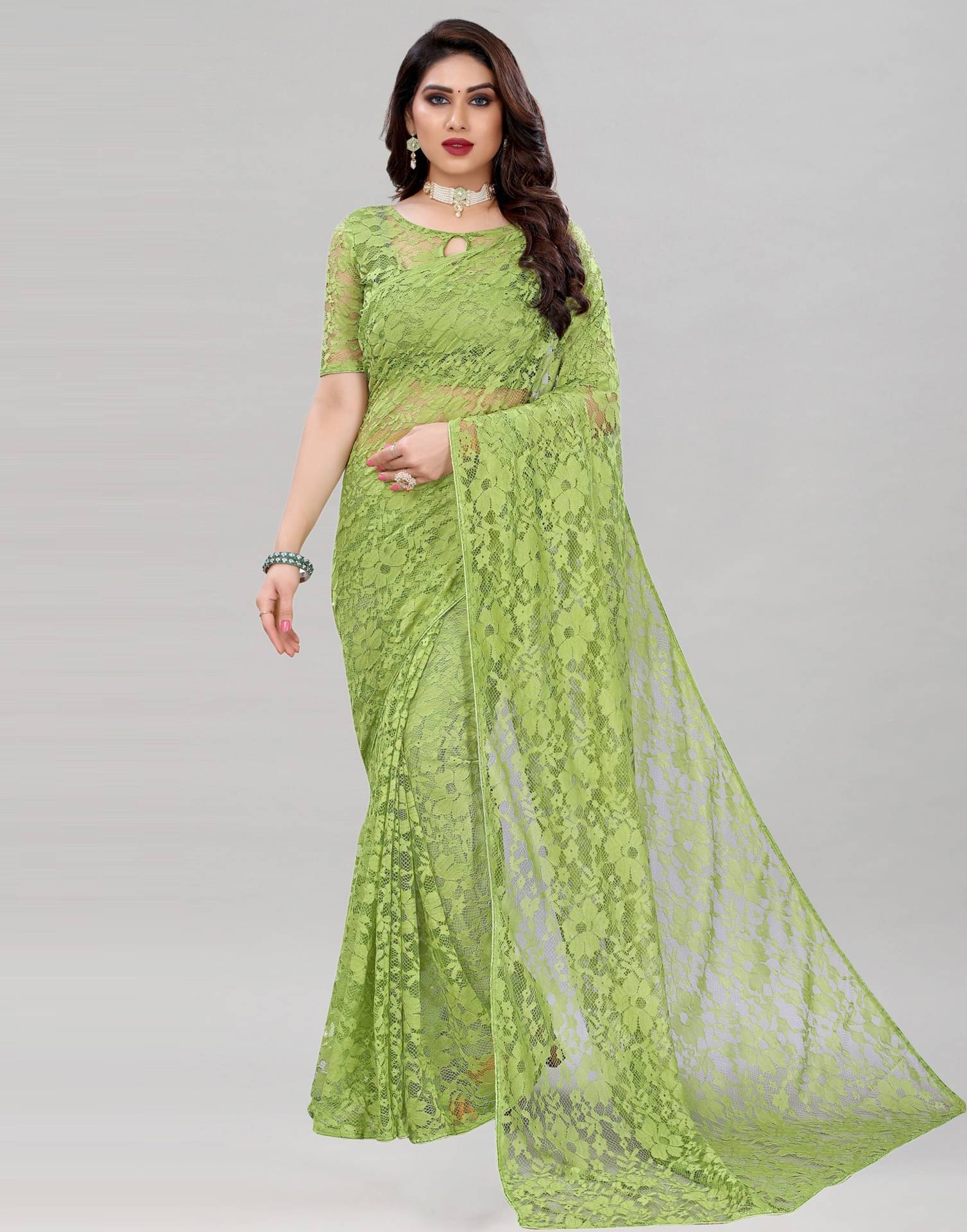 Samai Net Self Design Saree With Unstitched Blouse Piece ( Lime Green ) Samai Net Self Design Saree With Unstitched Blouse Piece ( Lime Green )