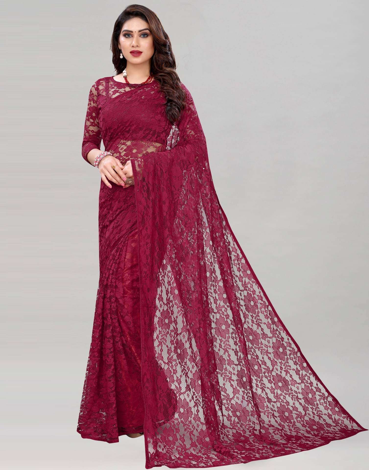 Samai Net Self Design Saree With Unstitched Blouse Piece ( Maroon ) Samai Net Self Design Saree With Unstitched Blouse Piece ( Maroon )