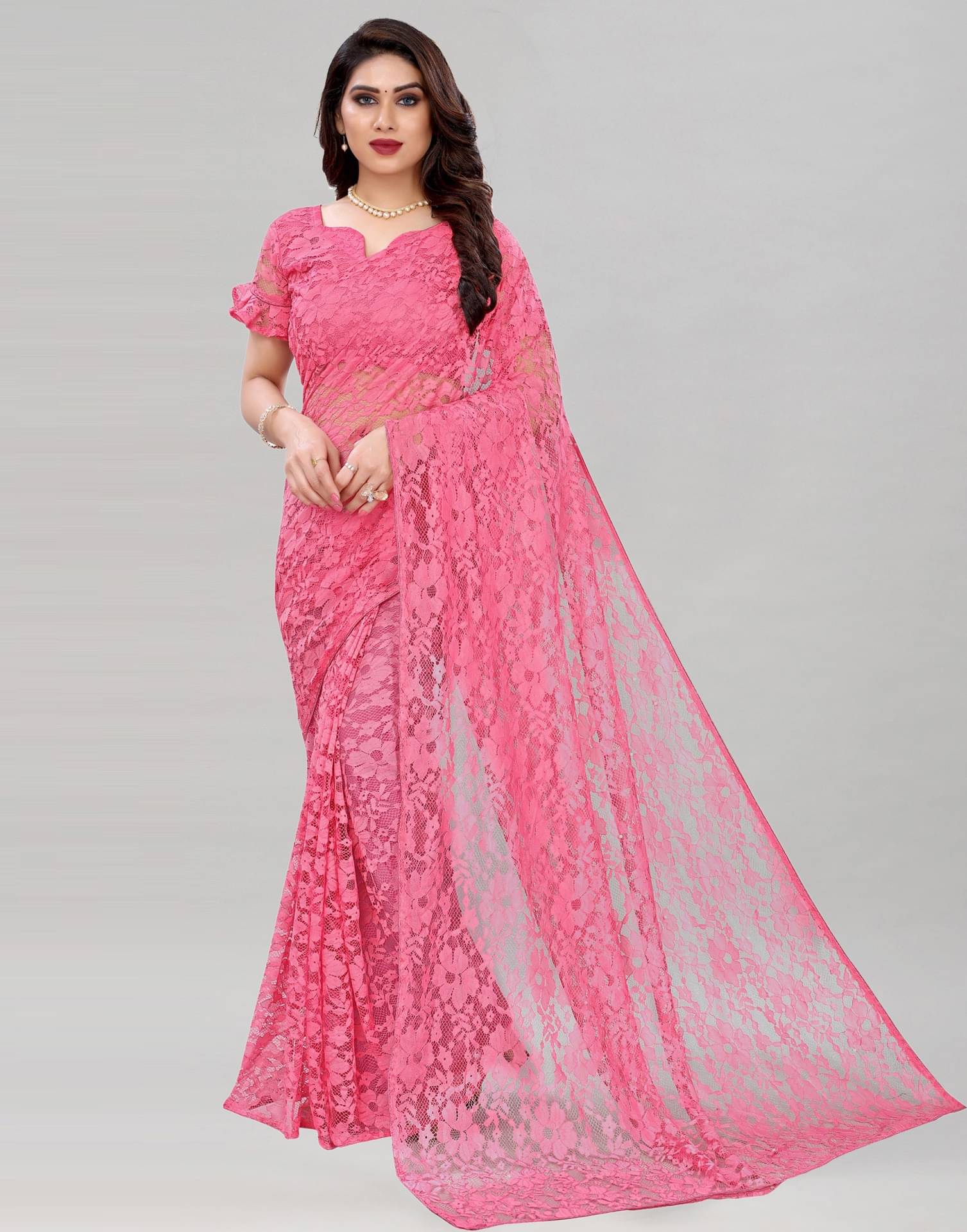     			Samai Net Self Design Saree With Unstitched Blouse Piece ( Pink )