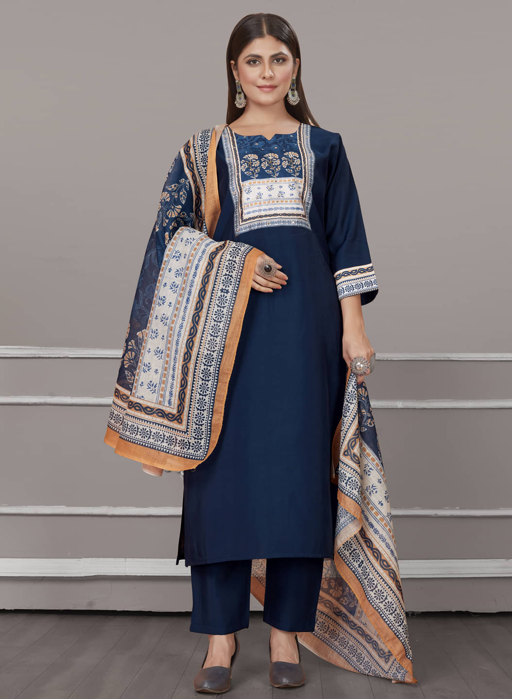     			Style Samsara Silk Printed Kurti With Pants Women's Stitched Salwar Suit - Indigo ( Pack of 1 )