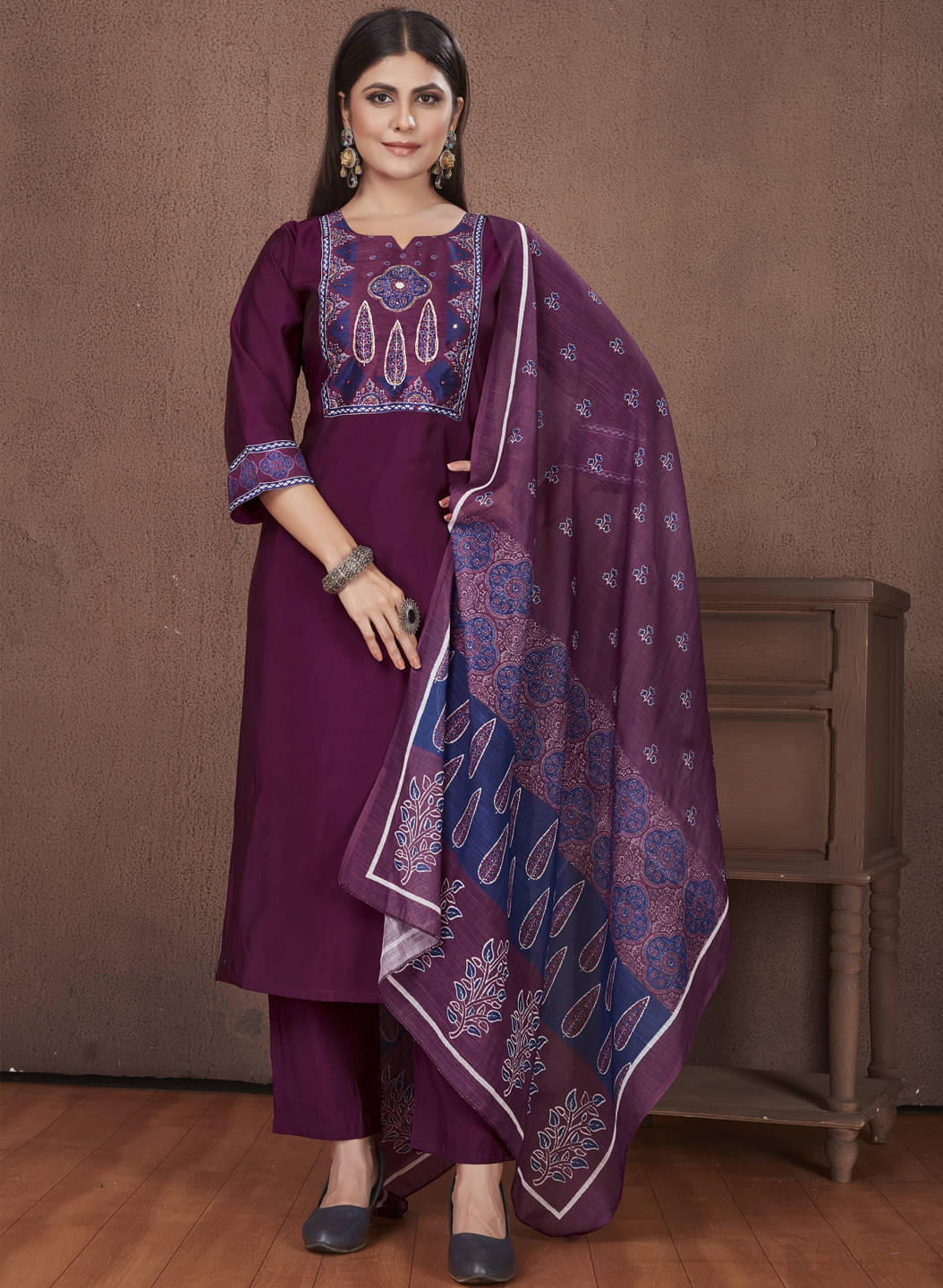     			Style Samsara Silk Printed Kurti With Pants Women's Stitched Salwar Suit - Wine ( Pack of 1 )