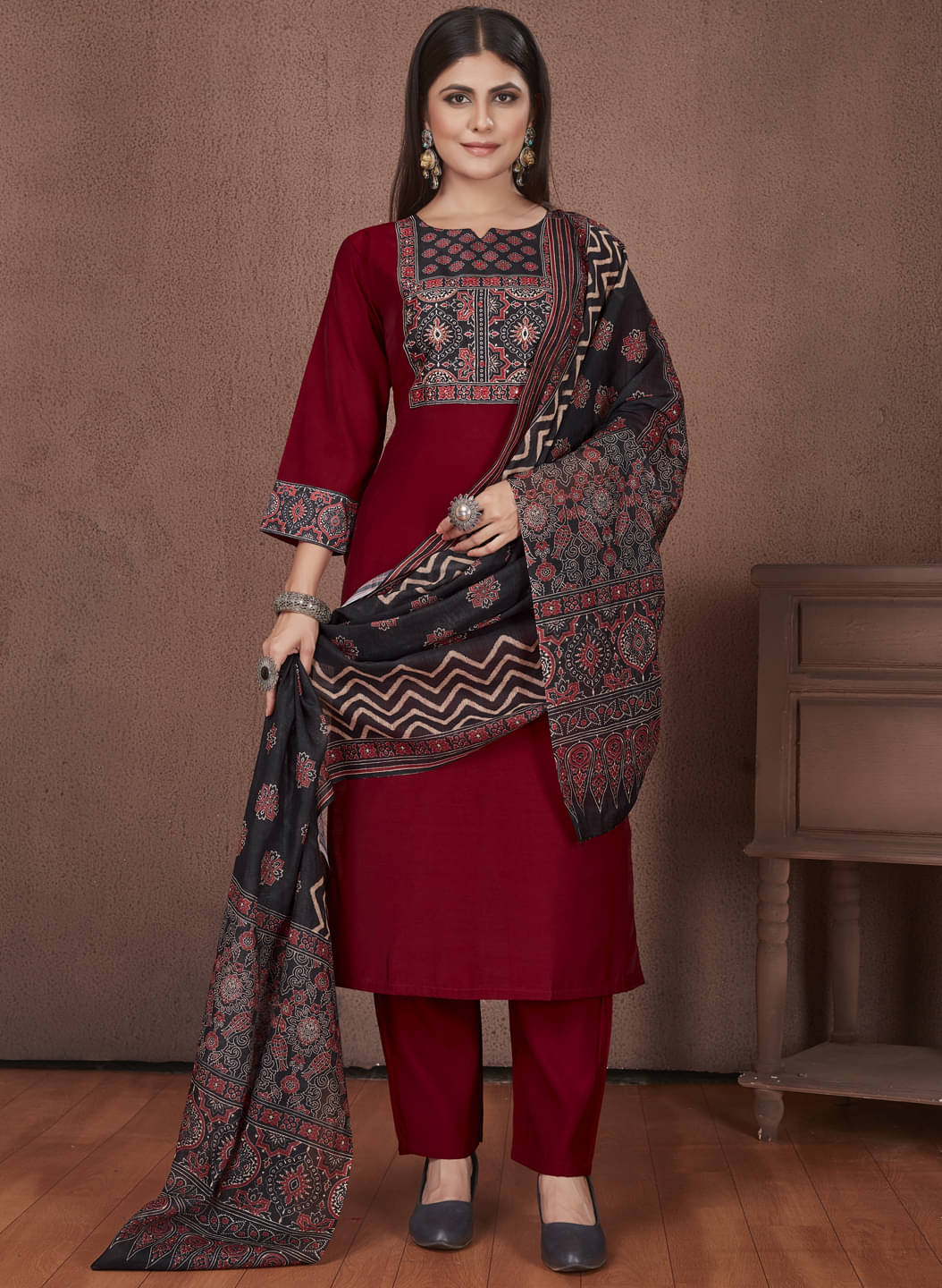 Style Samsara Silk Printed Kurti With Pants Women's Stitched Salwar Suit - Maroon ( Pack of 1 ) Style Samsara Silk Printed Kurti With Pants Women's Stitched Salwar Suit - Maroon ( Pack of 1 )