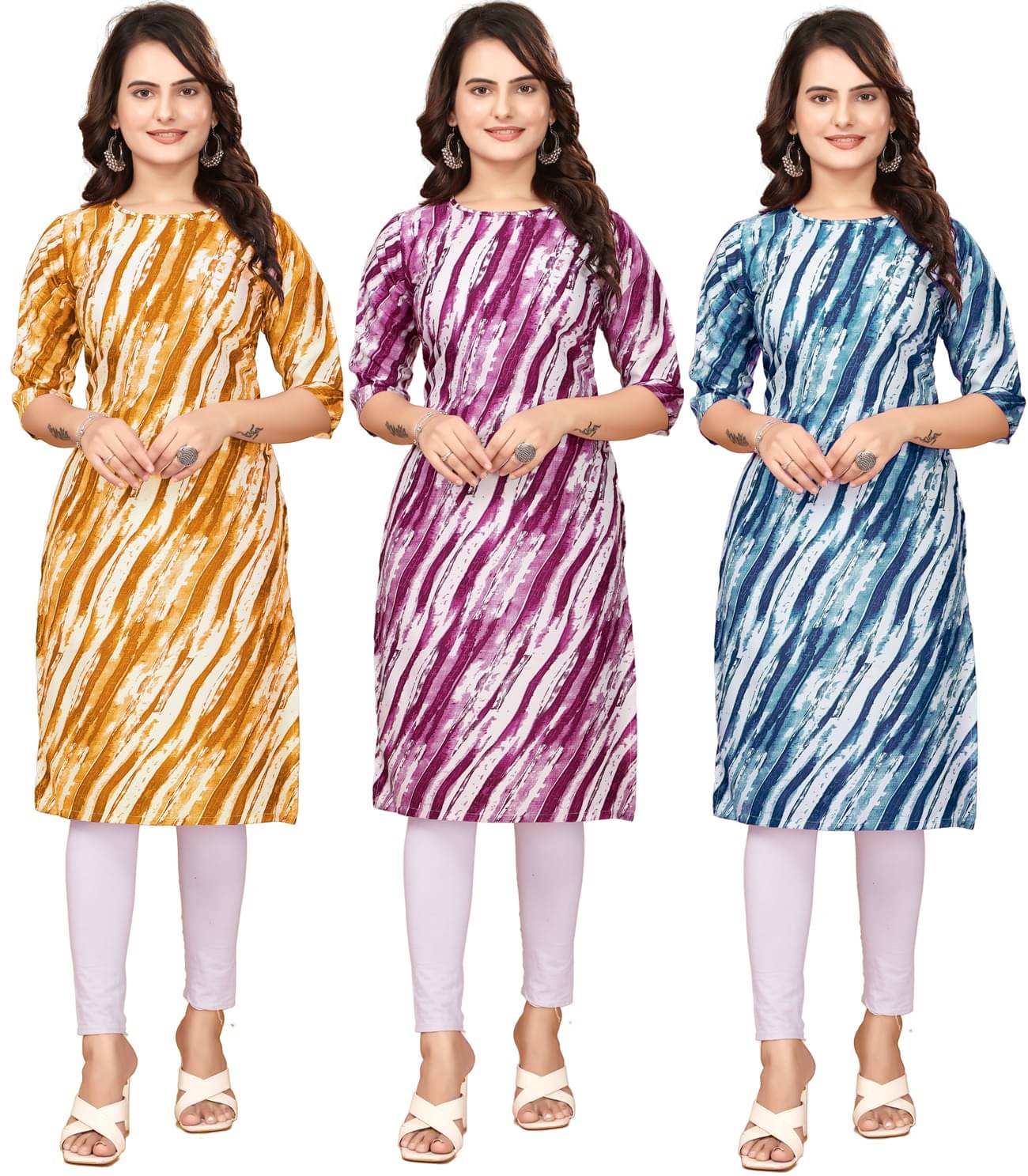 VACHHARAJ GROUP Crepe Printed Straight Women's Kurti - Yellow,Purple,Blue ( Pack of 3 ) VACHHARAJ GROUP Crepe Printed Straight Women's Kurti - Yellow,Purple,Blue ( Pack of 3 )