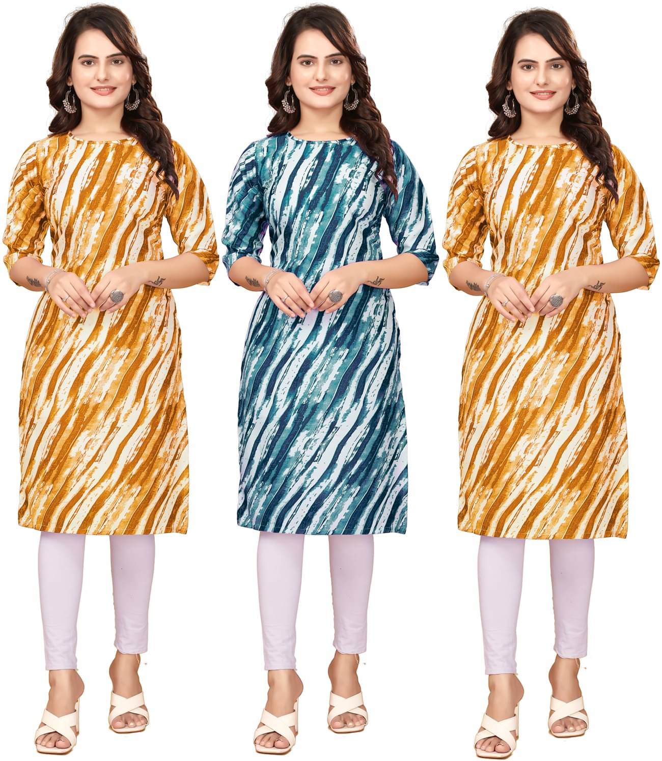 VACHHARAJ GROUP Crepe Printed Straight Women's Kurti - Yellow,Navy Blue,Multicolor ( Pack of 3 ) VACHHARAJ GROUP Crepe Printed Straight Women's Kurti - Yellow,Navy Blue,Multicolor ( Pack of 3 )