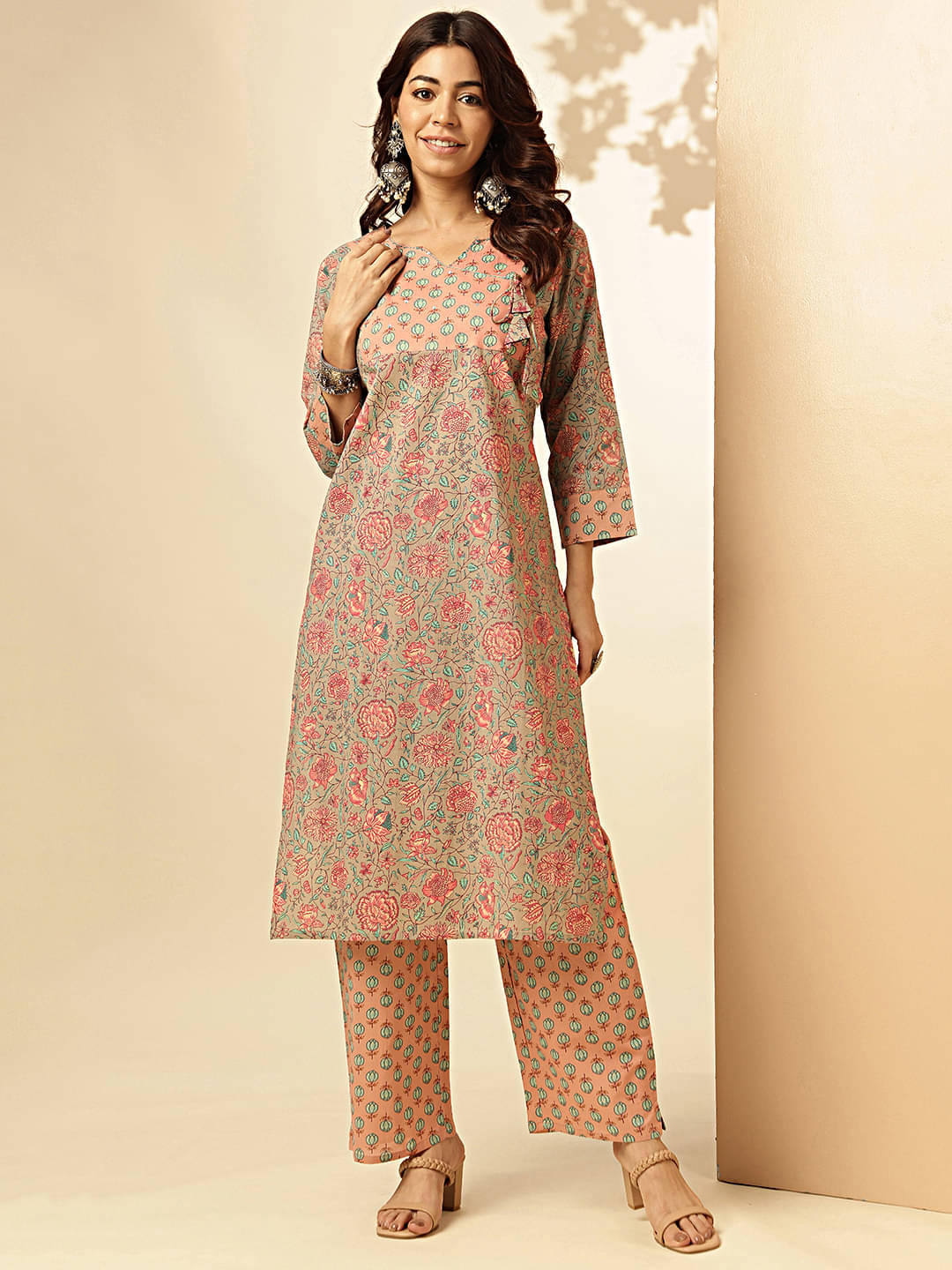     			Vbuyz Cotton Printed Kurti With Palazzo Women's Stitched Salwar Suit - Peach ( Pack of 1 )