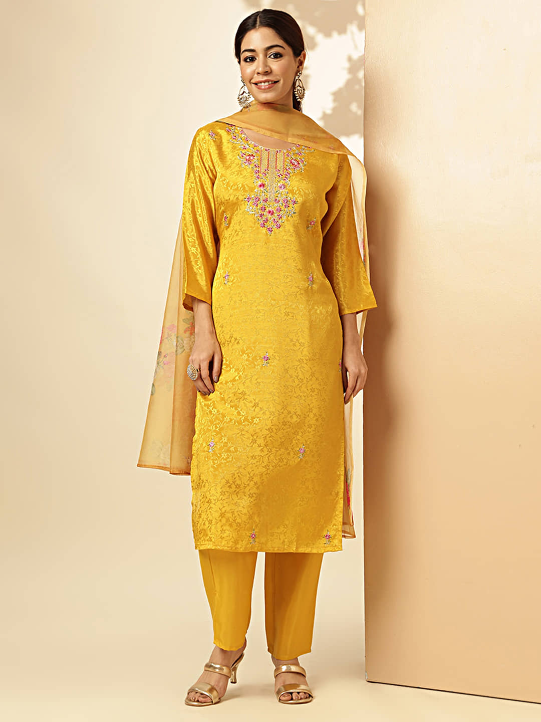 Vbuyz Silk Embroidered Kurti With Pants Women's Stitched Salwar Suit - Yellow ( Pack of 1 )