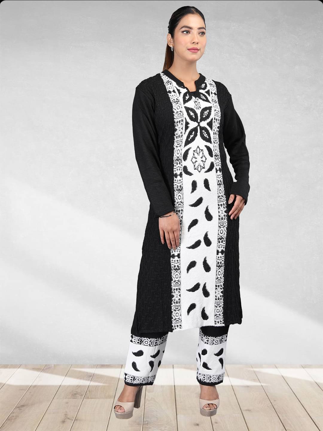 tysort Woollen Self Design Kurti With Pants Women's Stitched Salwar Suit - Black ( Pack of 1 ) tysort Woollen Self Design Kurti With Pants Women's Stitched Salwar Suit - Black ( Pack of 1 )