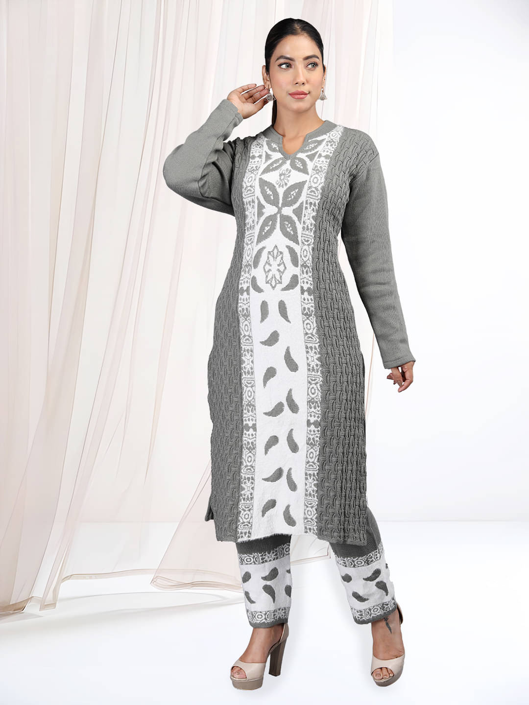     			tysort Woollen Self Design Kurti With Pants Women's Stitched Salwar Suit - Grey Melange ( Pack of 1 )