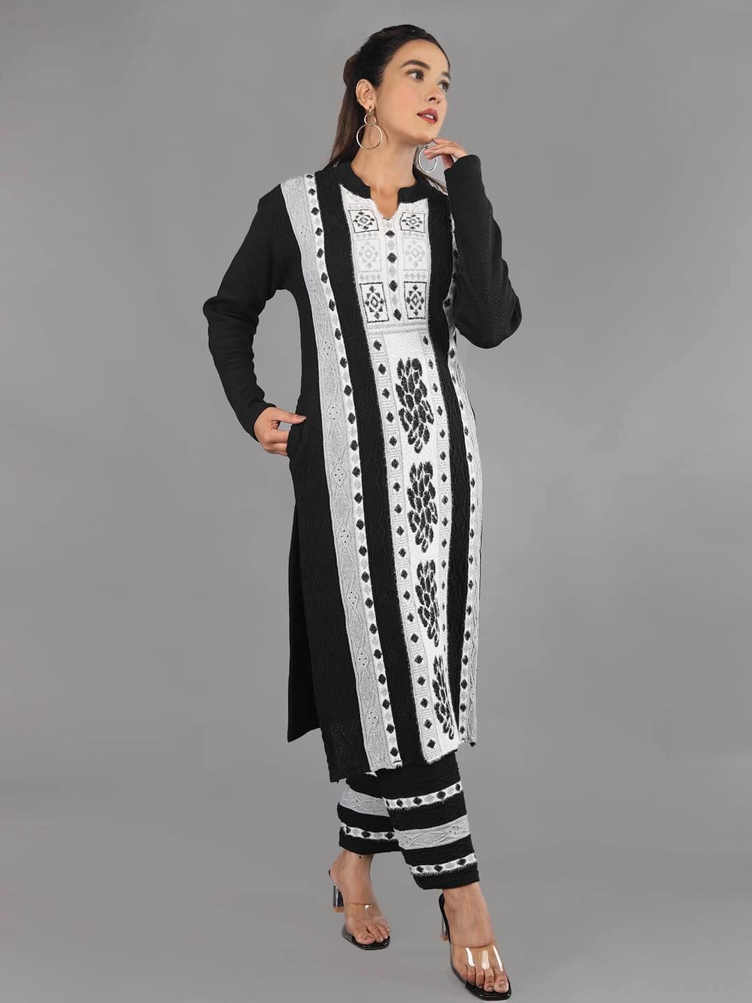 tysort Woollen Self Design Kurti With Pants Women's Stitched Salwar Suit - Black ( Pack of 1 ) tysort Woollen Self Design Kurti With Pants Women's Stitched Salwar Suit - Black ( Pack of 1 )
