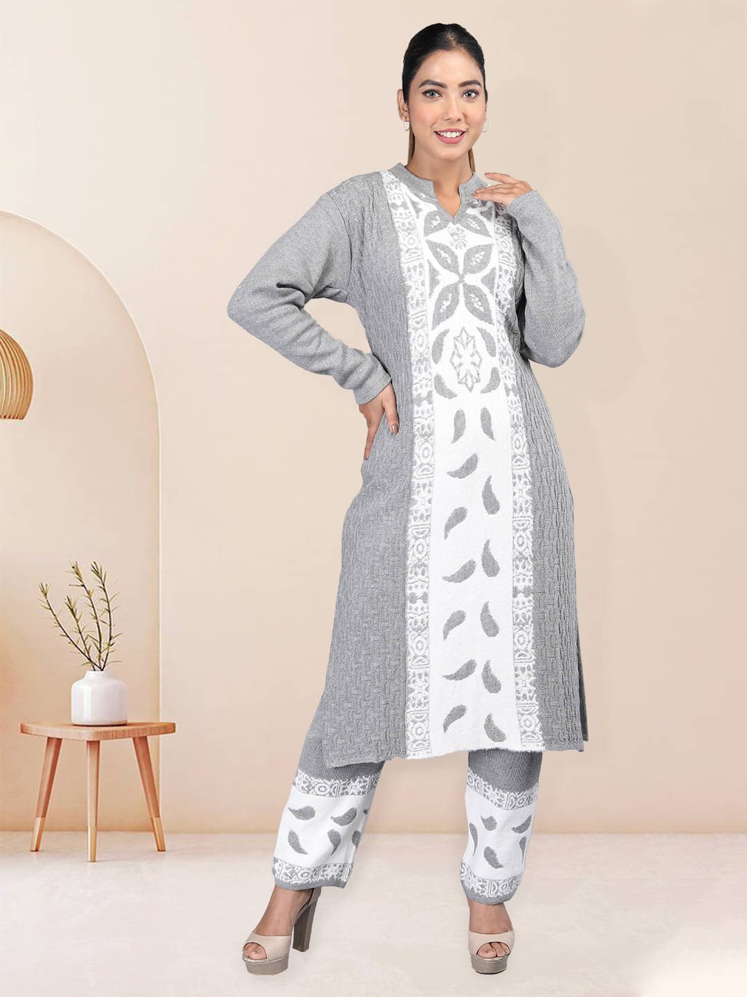 tysort Woollen Self Design Kurti With Pants Women's Stitched Salwar Suit - Grey ( Pack of 1 )     			tysort Woollen Self Design Kurti With Pants Women's Stitched Salwar Suit - Grey ( Pack of 1 )