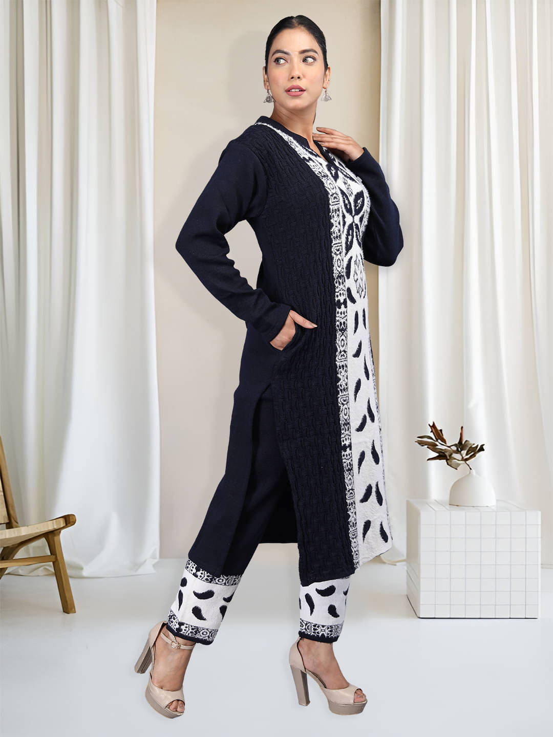 tysort Woollen Self Design Kurti With Pants Women's Stitched Salwar Suit - Navy ( Pack of 1 ) tysort Woollen Self Design Kurti With Pants Women's Stitched Salwar Suit - Navy ( Pack of 1 )