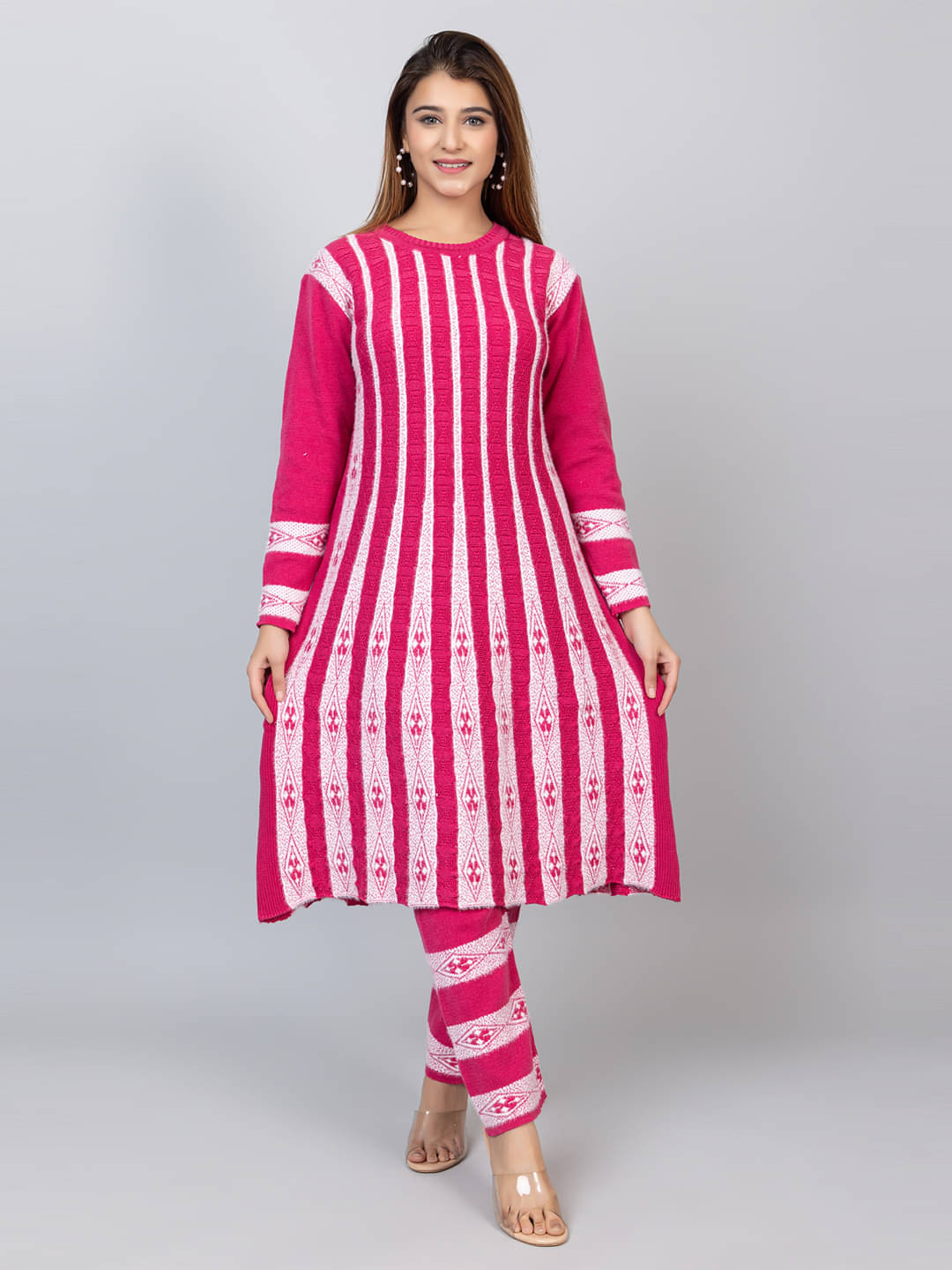 tysort Woollen Striped Kurti With Pants Women's Stitched Salwar Suit - Pink ( Pack of 1 ) tysort Woollen Striped Kurti With Pants Women's Stitched Salwar Suit - Pink ( Pack of 1 )