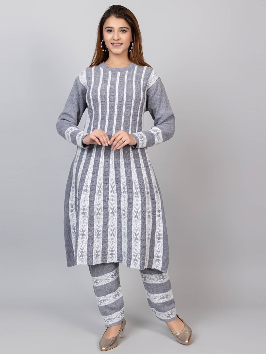 tysort Woollen Striped Kurti With Pants Women's Stitched Salwar Suit - Grey ( Pack of 1 ) tysort Woollen Striped Kurti With Pants Women's Stitched Salwar Suit - Grey ( Pack of 1 )