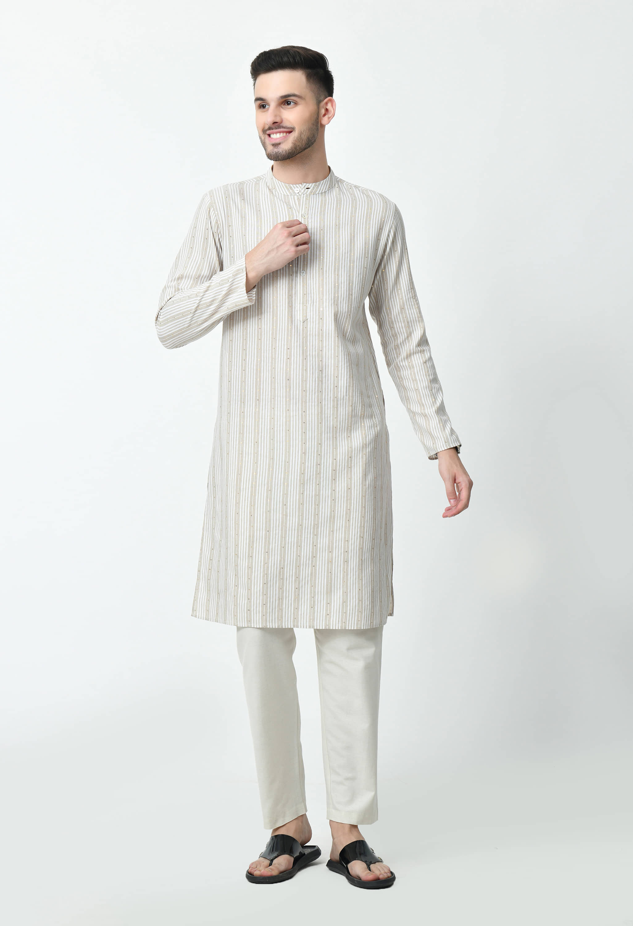 AMBI Cotton Blend Striped Regular Kurta For Men ( Beige ) - Kurtas & Kurta Sets | Buy online on ZillyBuy