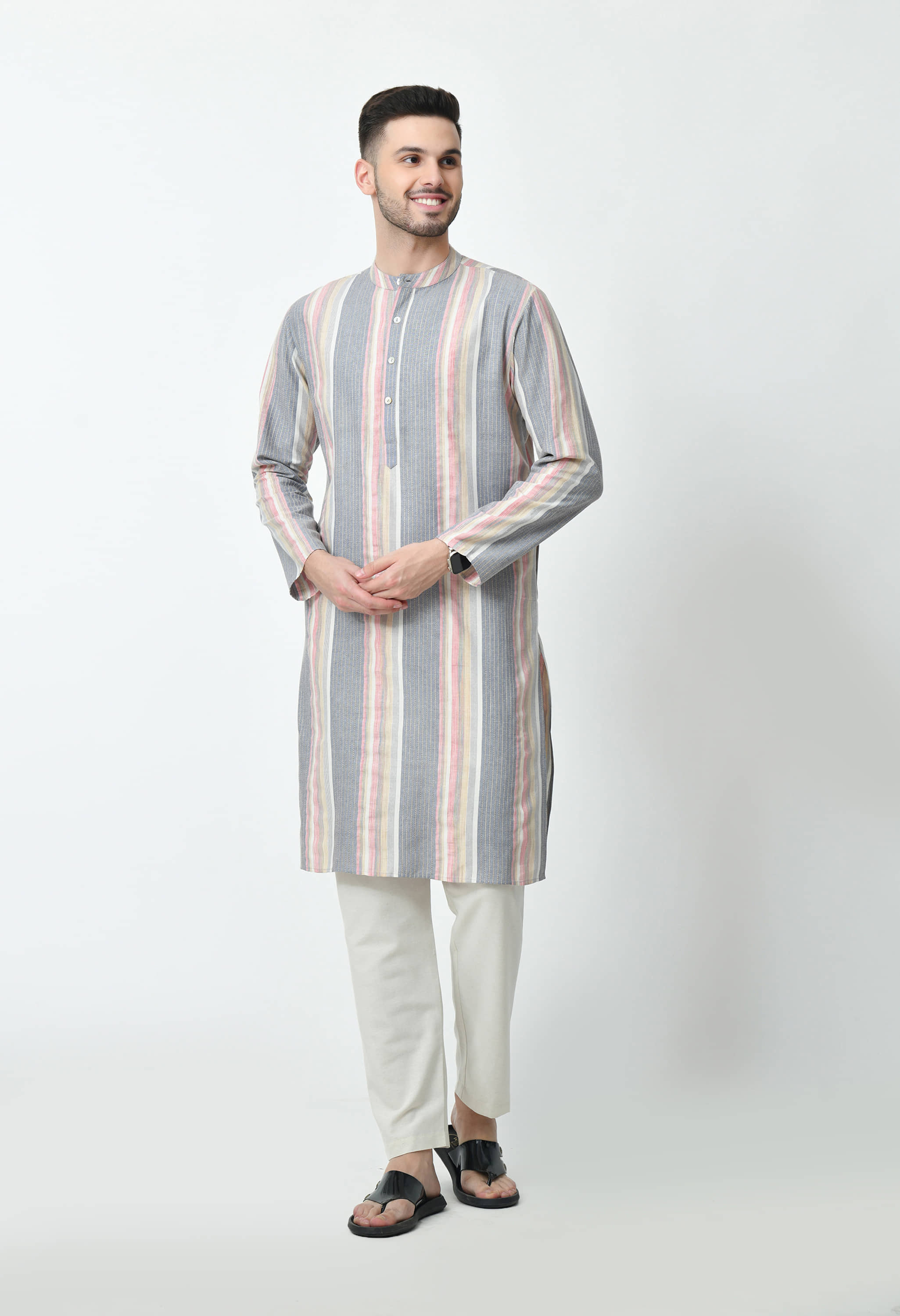 AMBI Cotton Blend Striped Regular Kurta For Men ( Grey ) - Kurtas & Kurta Sets | Buy online on ZillyBuy