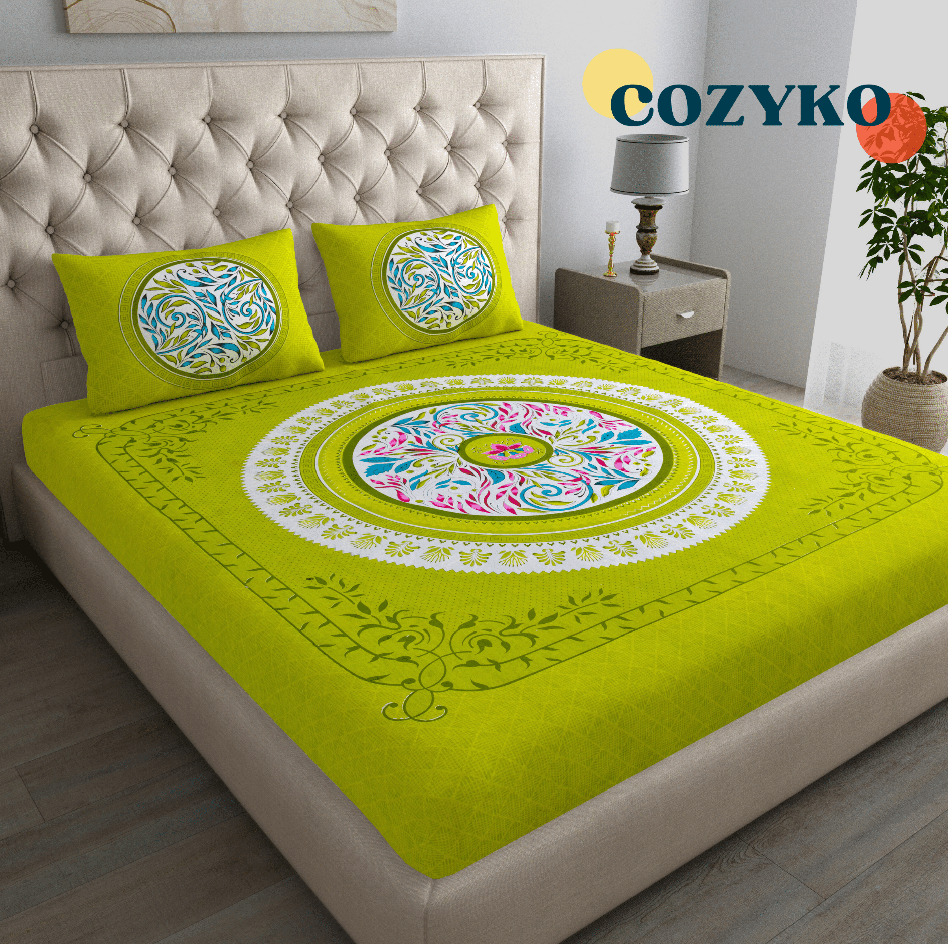    			COZYKO Cotton 1 Double Bedsheet with 2 Pillow Covers ( Green )