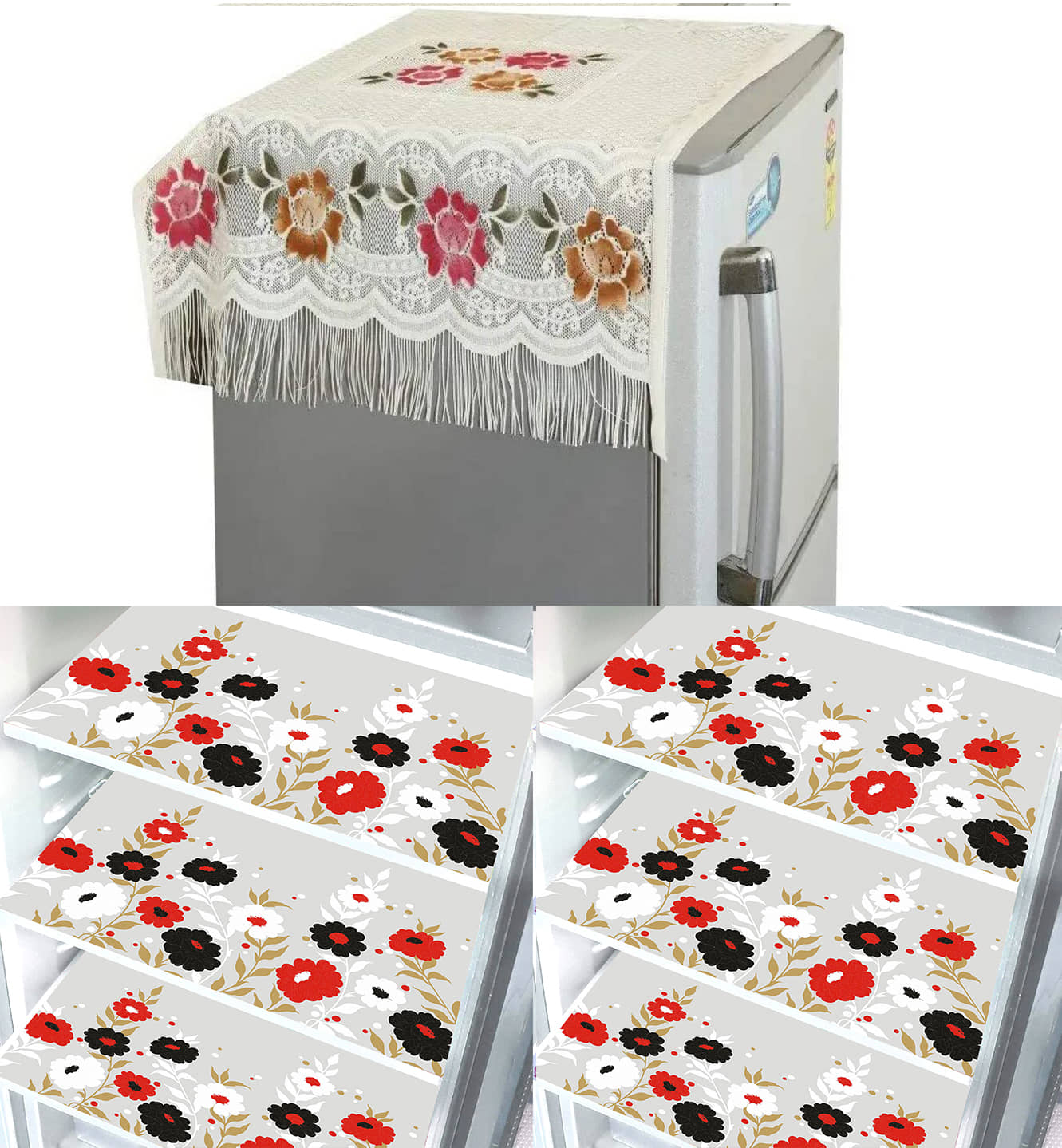 Crosmo Polyester Floral Fridge Mat & Cover ( 99 53 ) Pack of 7 - Multicolor