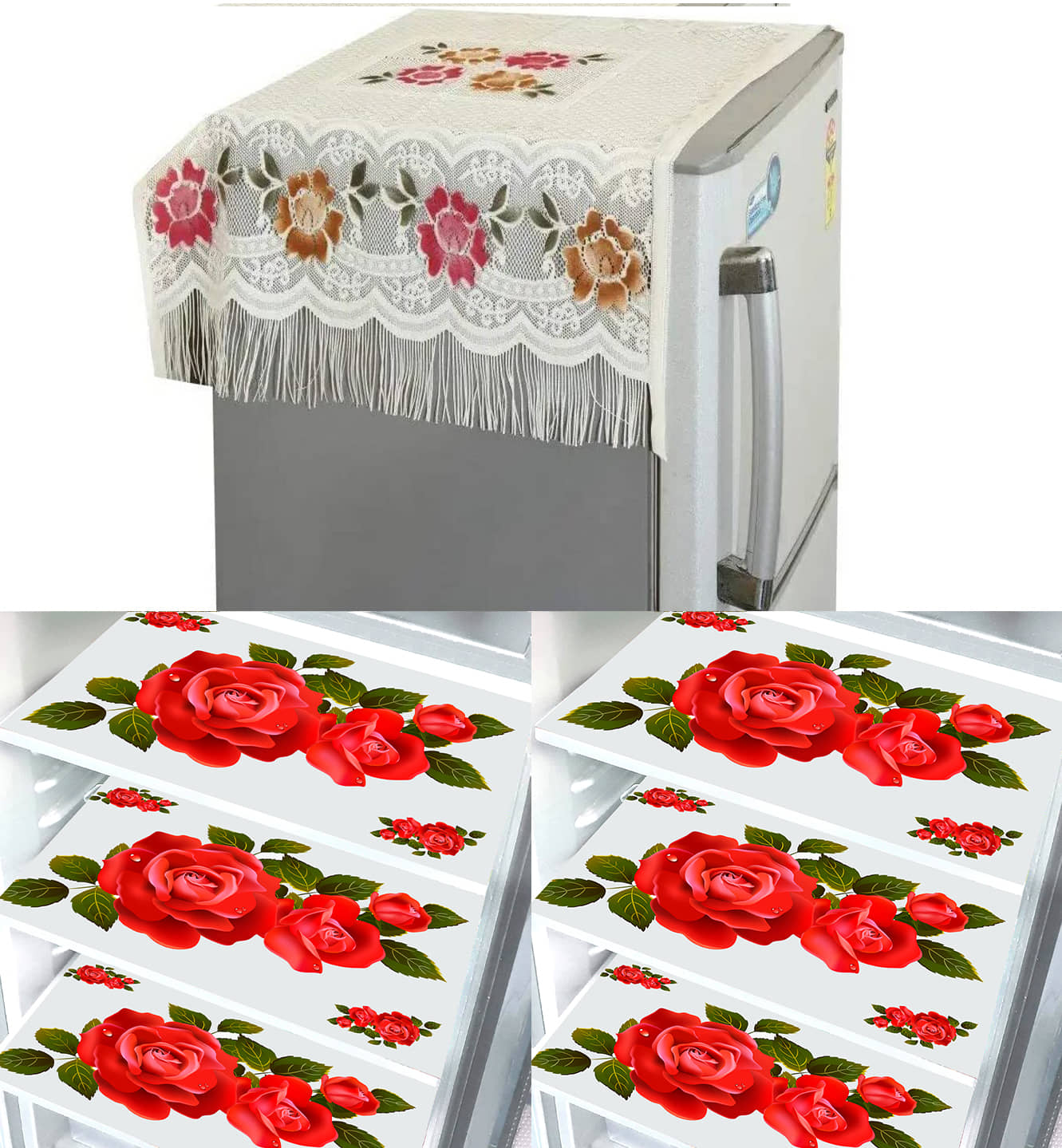 Crosmo Polyester Floral Fridge Mat & Cover ( 99 53 ) Pack of 7 - Multicolor