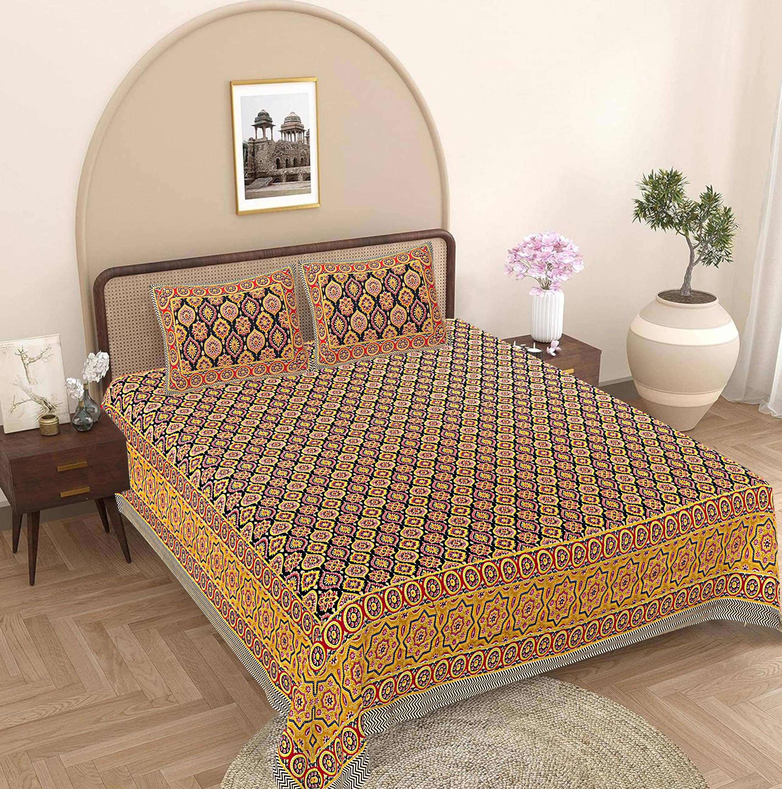     			FrionKandy Living Cotton 1 Double King Bedsheet with 2 Pillow Covers ( Yellow )